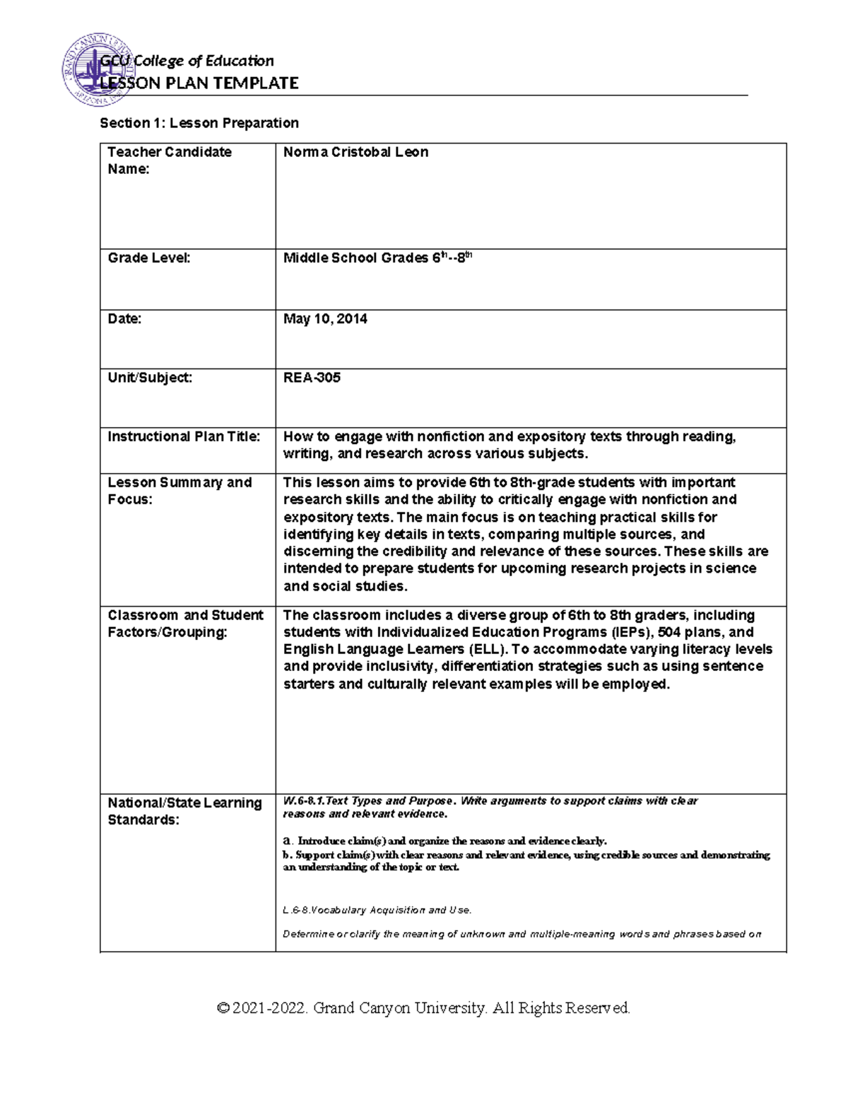 Coe lesson - LESSON PLAN TEMPLATE Section 1: Lesson Preparation Teacher ...