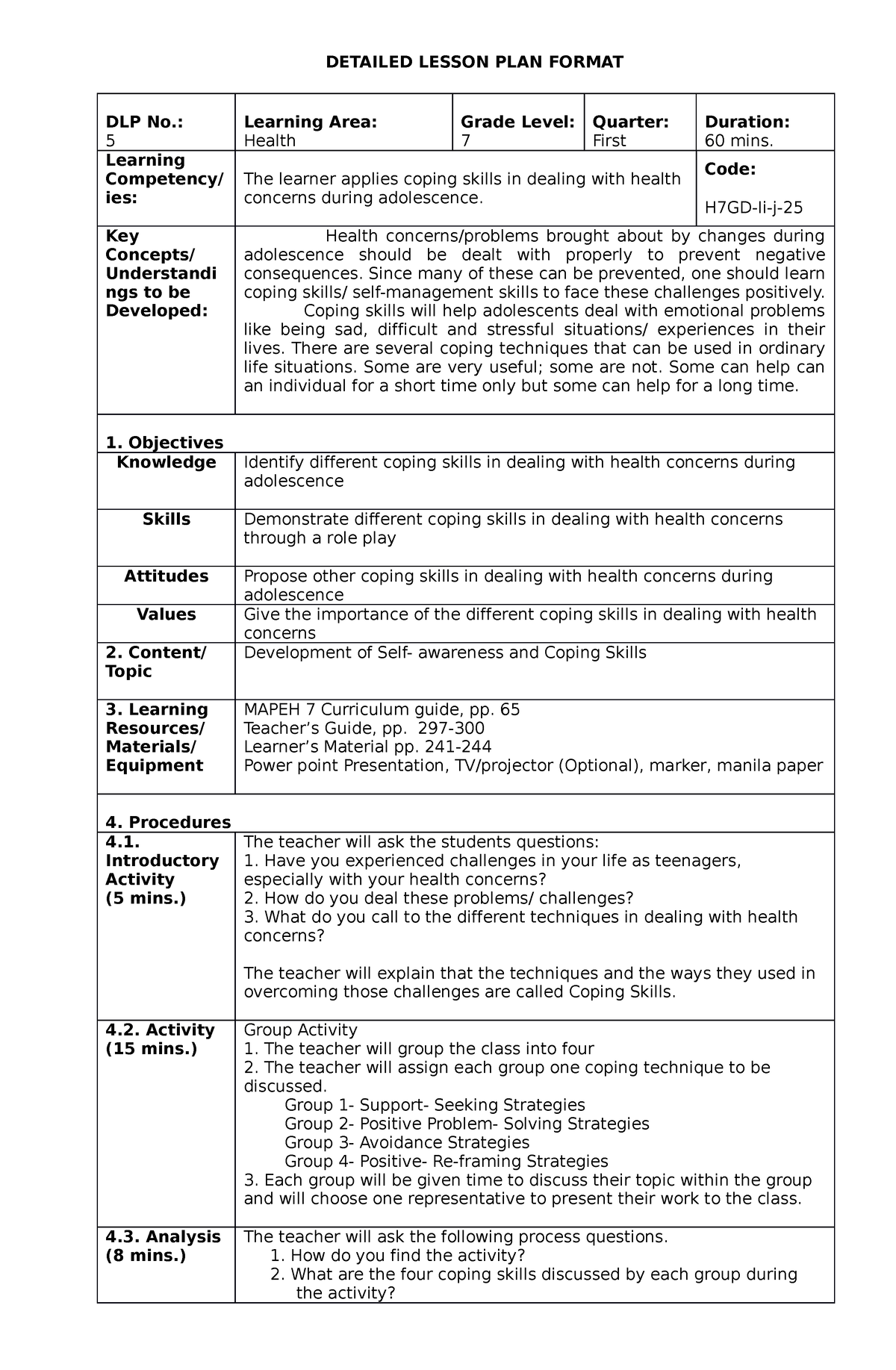 28 Health Dlp - DLP MAPEH 7 - DETAILED LESSON PLAN FORMAT DLP No.: 5 ...