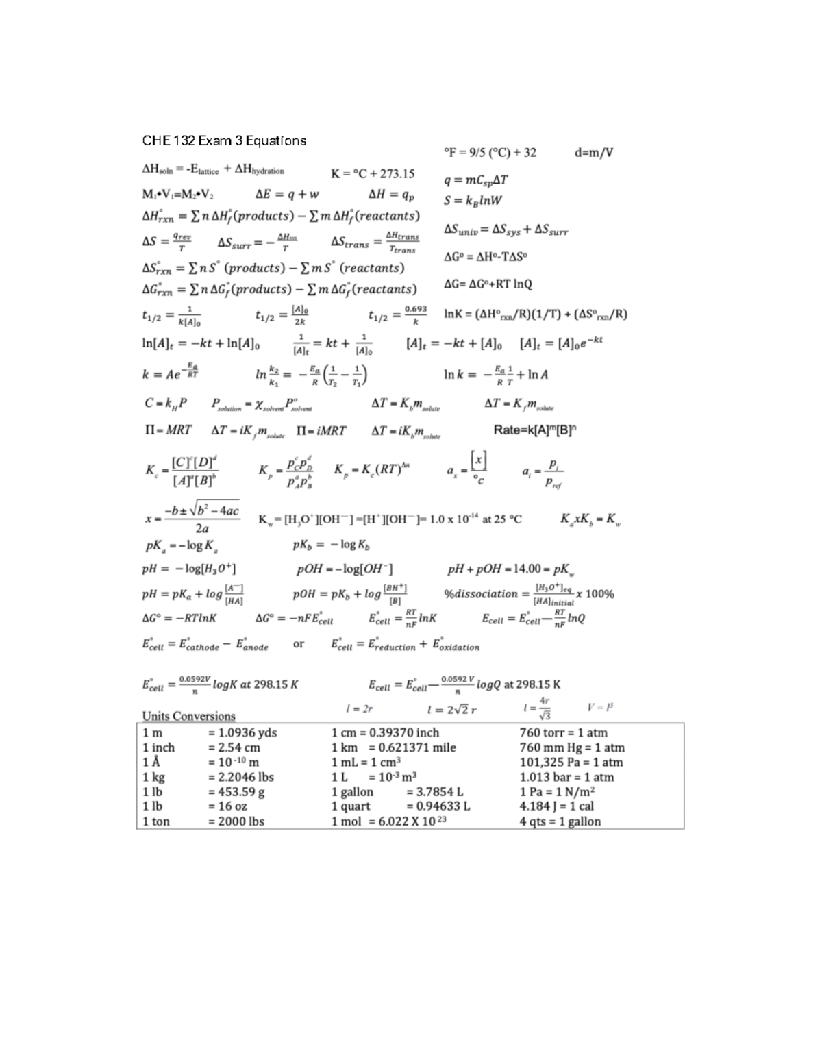 CHE 132 Exam 3 Equation Sheet- Final Version - CHE 132 Exam 3 Equations ...