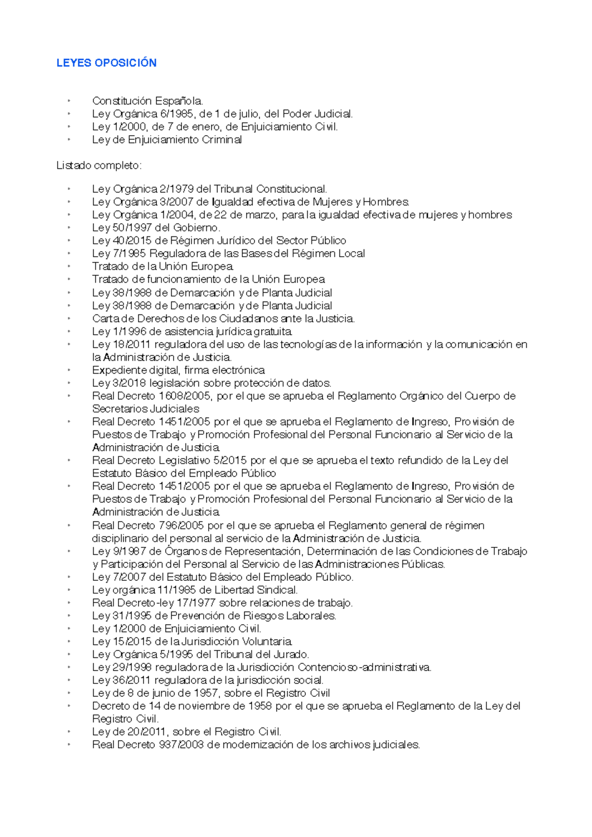 Leyes OposicióN - LEYES OPOSICIÓN Constitución Española. Ley Orgánica 6 ...