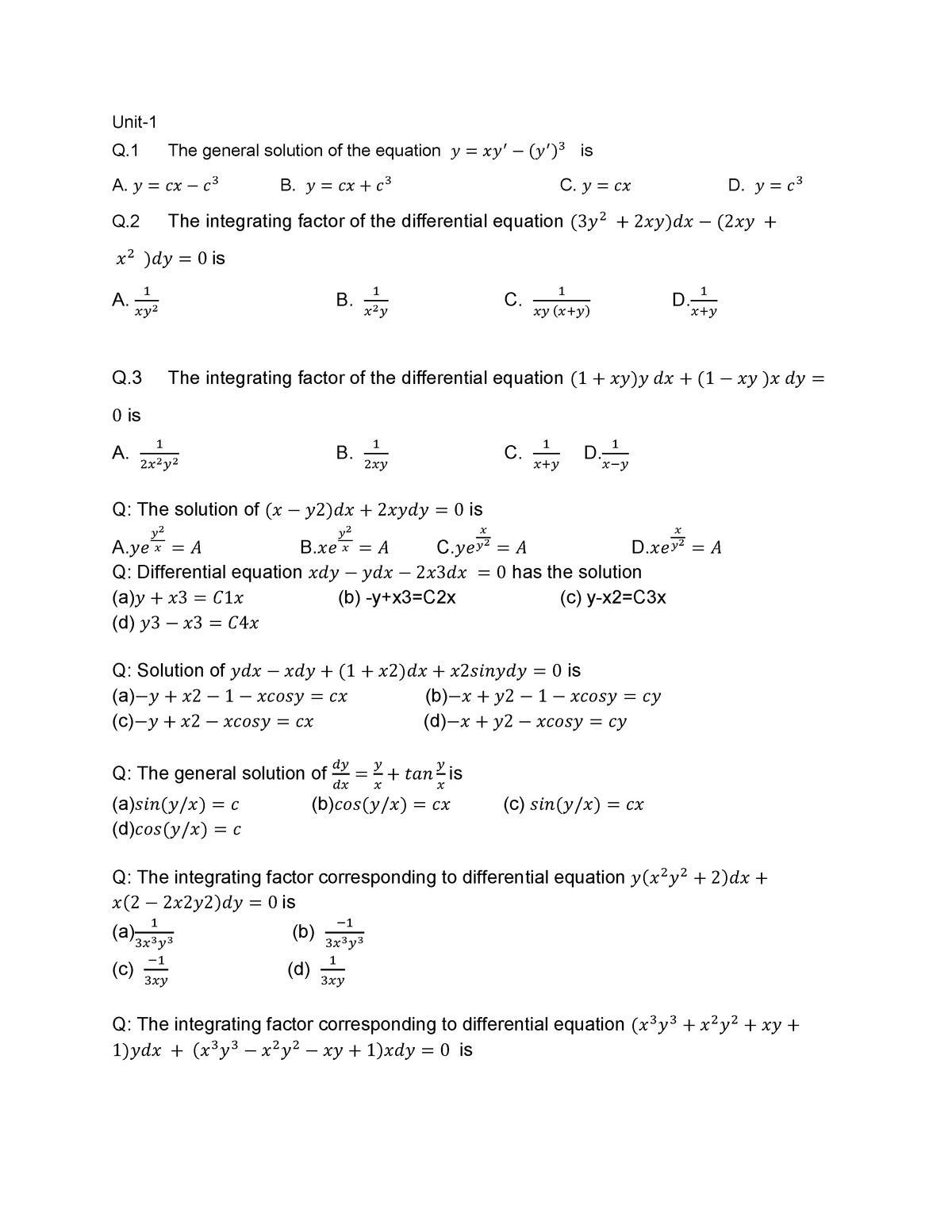 Mth166 Mcq S Unit 1 2 3 Unit Q The General Solution Of The Equation 𝑦 𝑥𝑦 𝑦 3 Is A 𝑦 Studocu