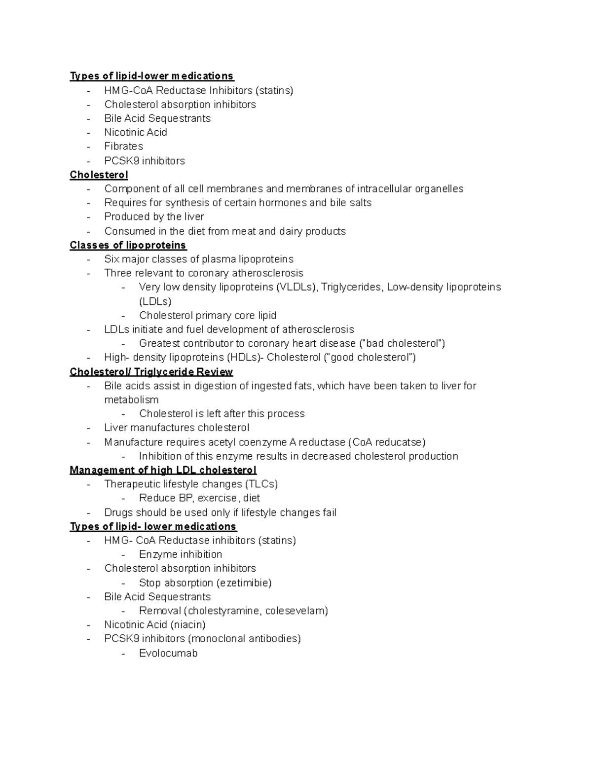 Antilipemics Class Notes - Types of lipid-lower medications - HMG-CoA ...