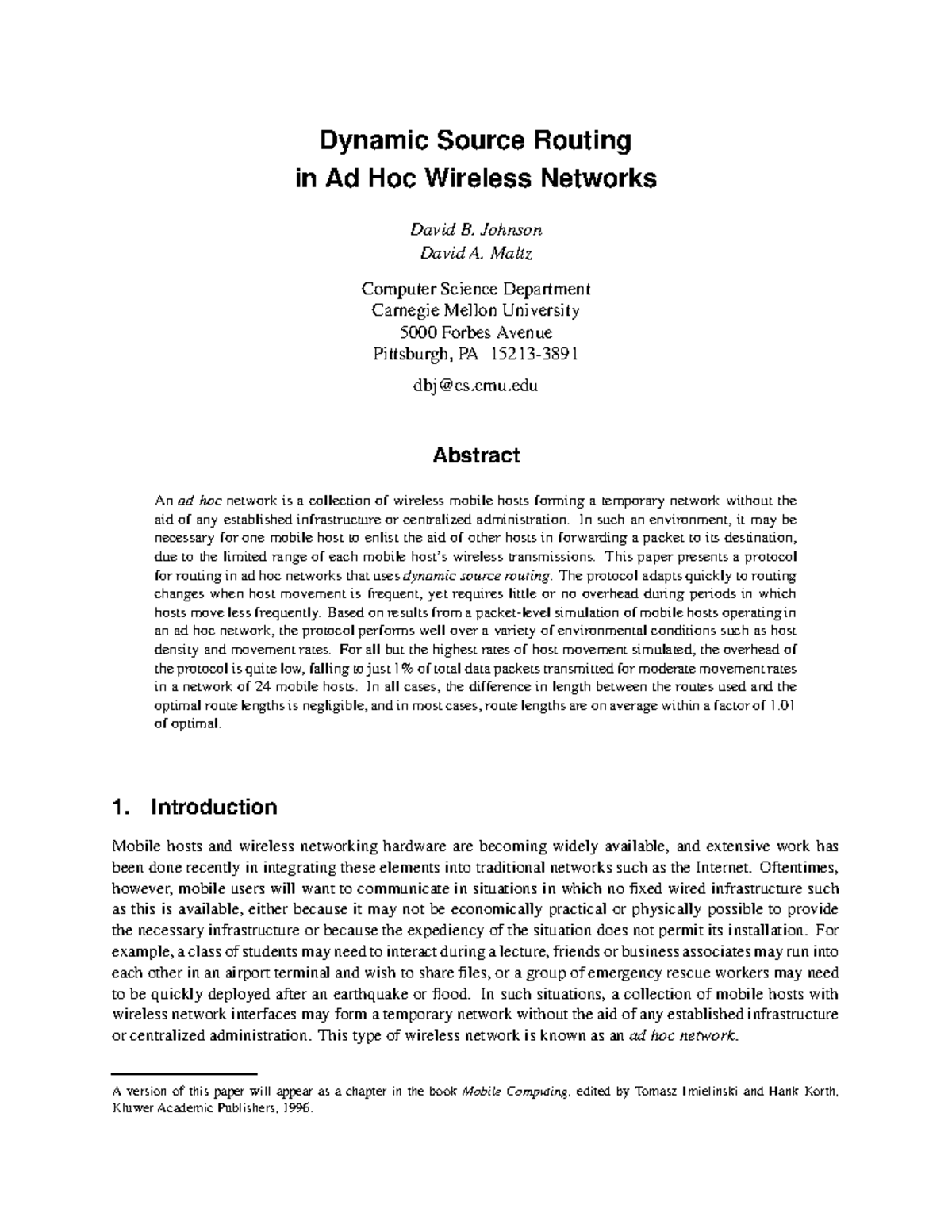 DSR - n/a - Dynamic Source Routing in Ad Hoc Wireless Networks David B ...