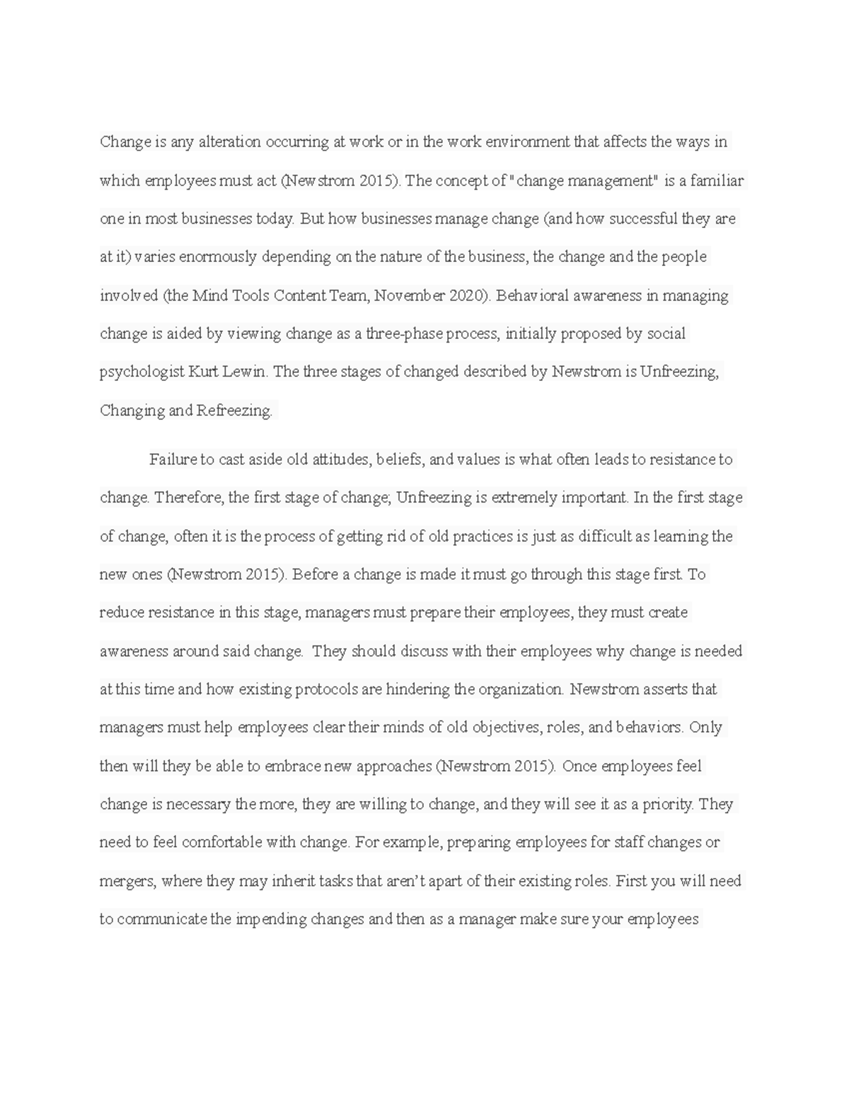 Assignment 8 - n/a - Change is any alteration occurring at work or in ...