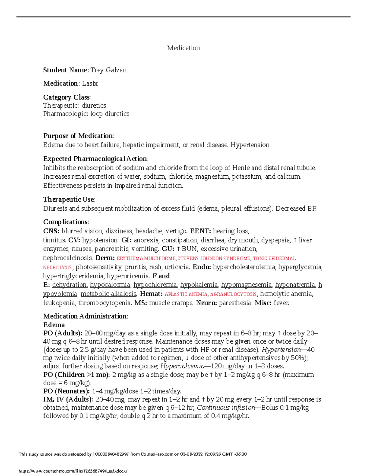 Lasix Medication Medication Student Name Trey Galvan Medication