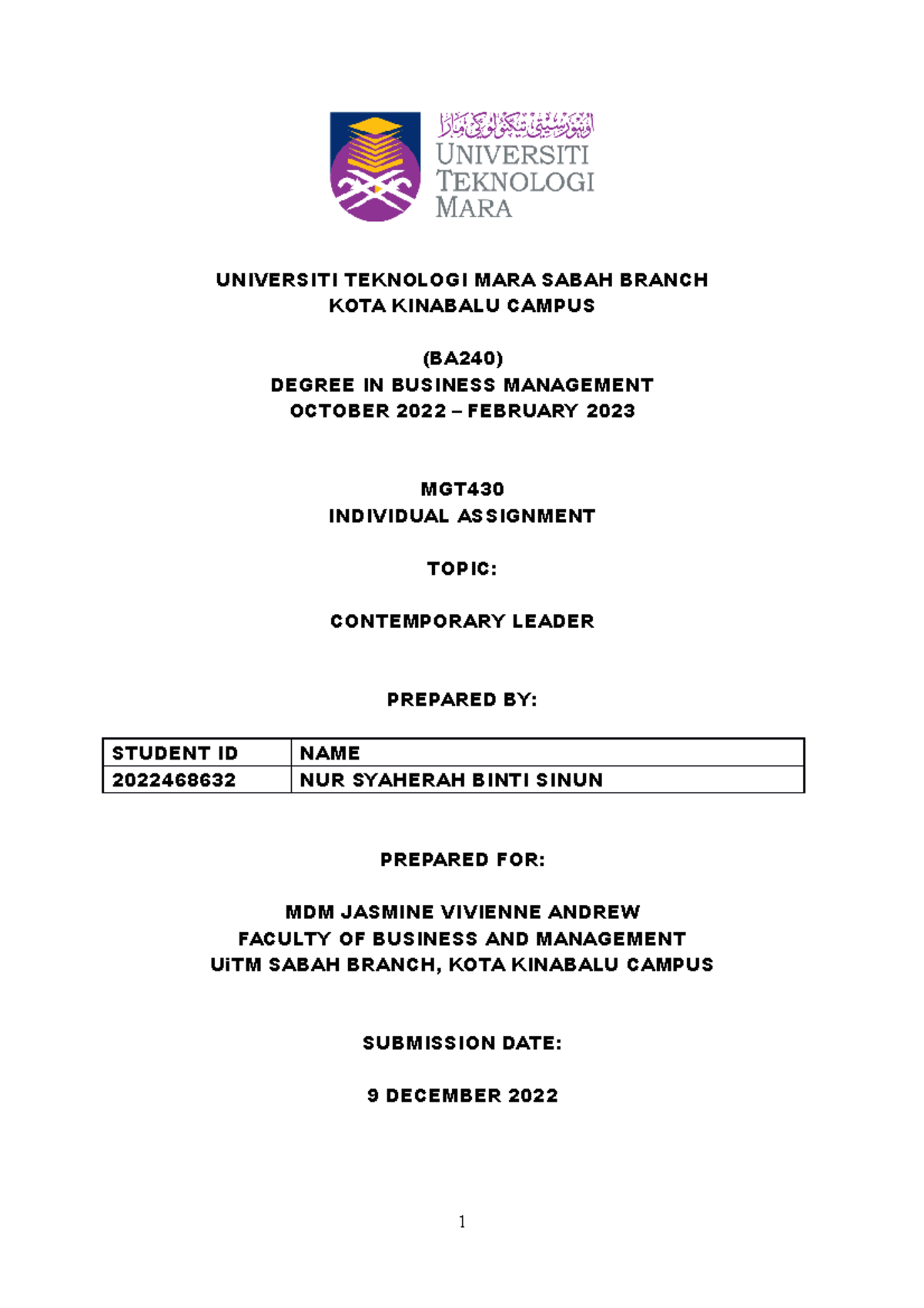 Mgt420 Assignment Universiti Teknologi Mara Sabah Branch Kota