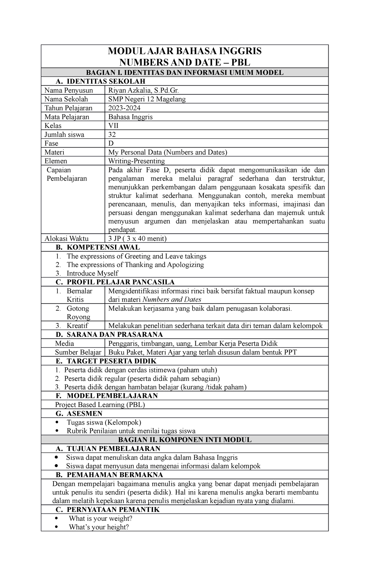 Modul AJAR Bahasa Inggris VII - MODUL AJAR BAHASA INGGRIS NUMBERS AND ...