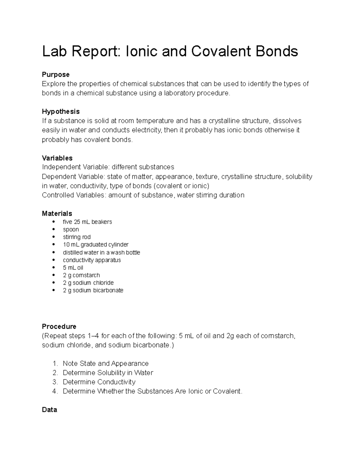 lab ionic and covalent bonds assignment lab report active