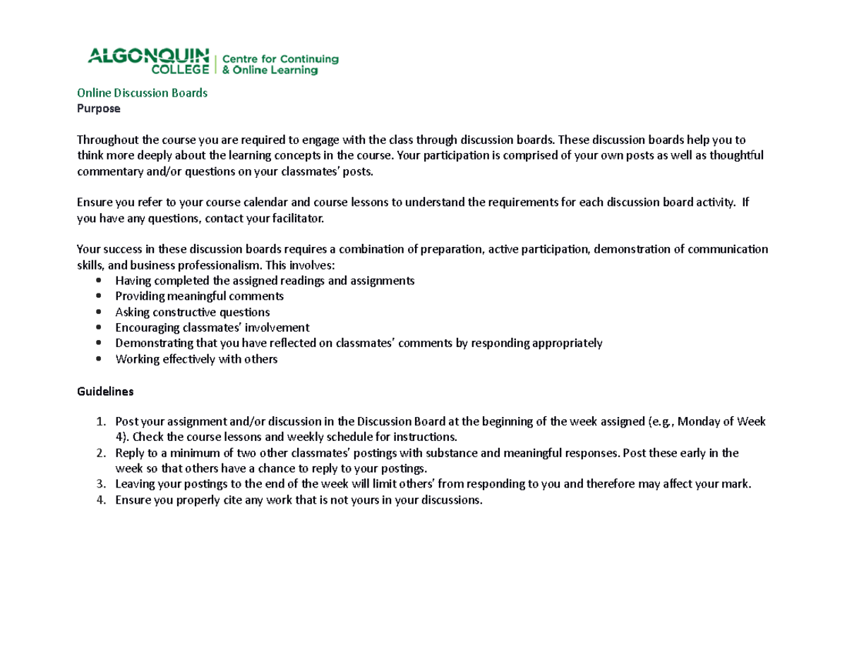 Discussion Board Rubric Online Discussion Boards Purpose Throughout
