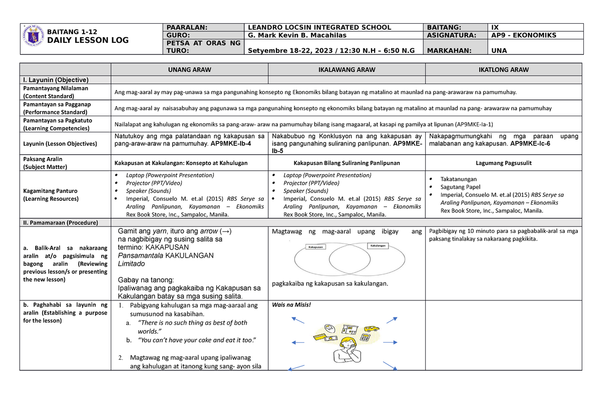 AP9 WK 4 1GP 23-24 - Lesson Plan - BAITANG 1- DAILY LESSON LOG PAARALAN ...