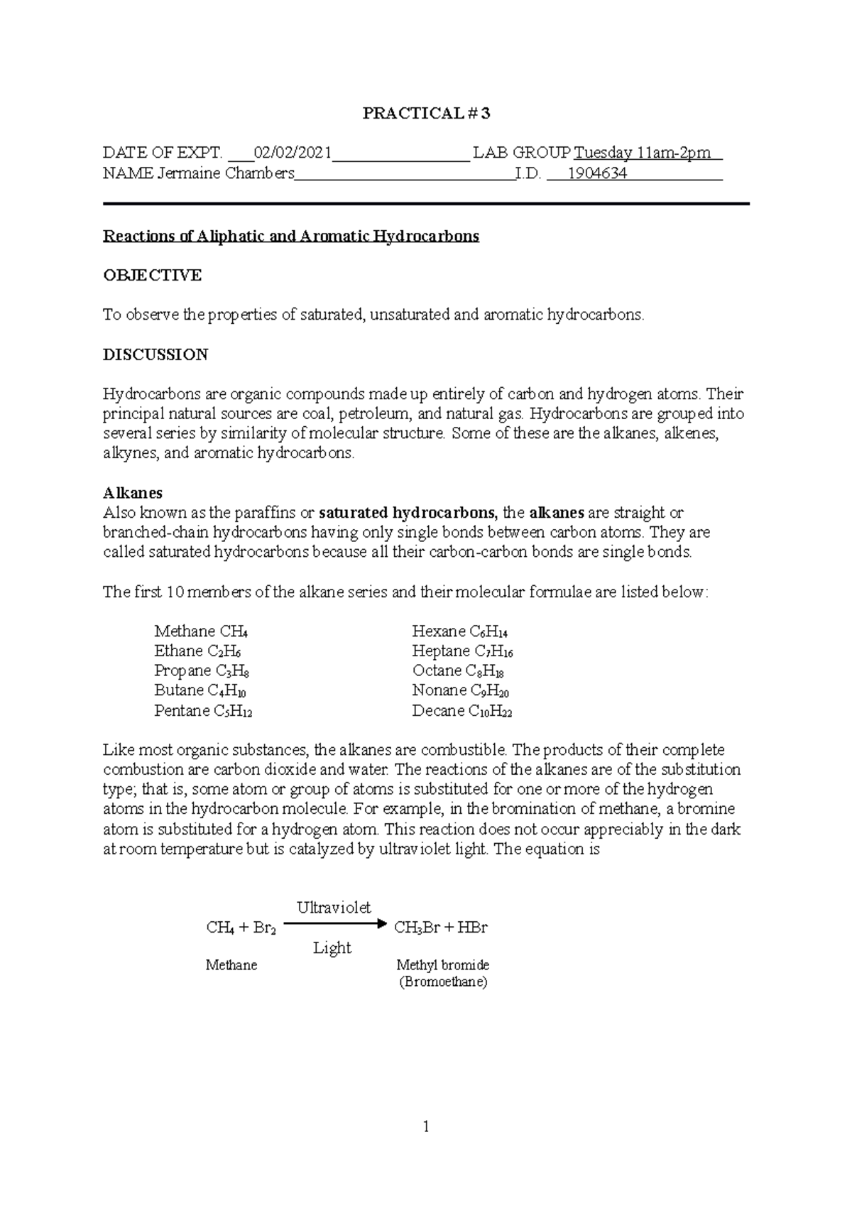 Chy2024 Experiment 3 Reactions Of Aliphatic And Aromatic Hydrocarbons Studocu