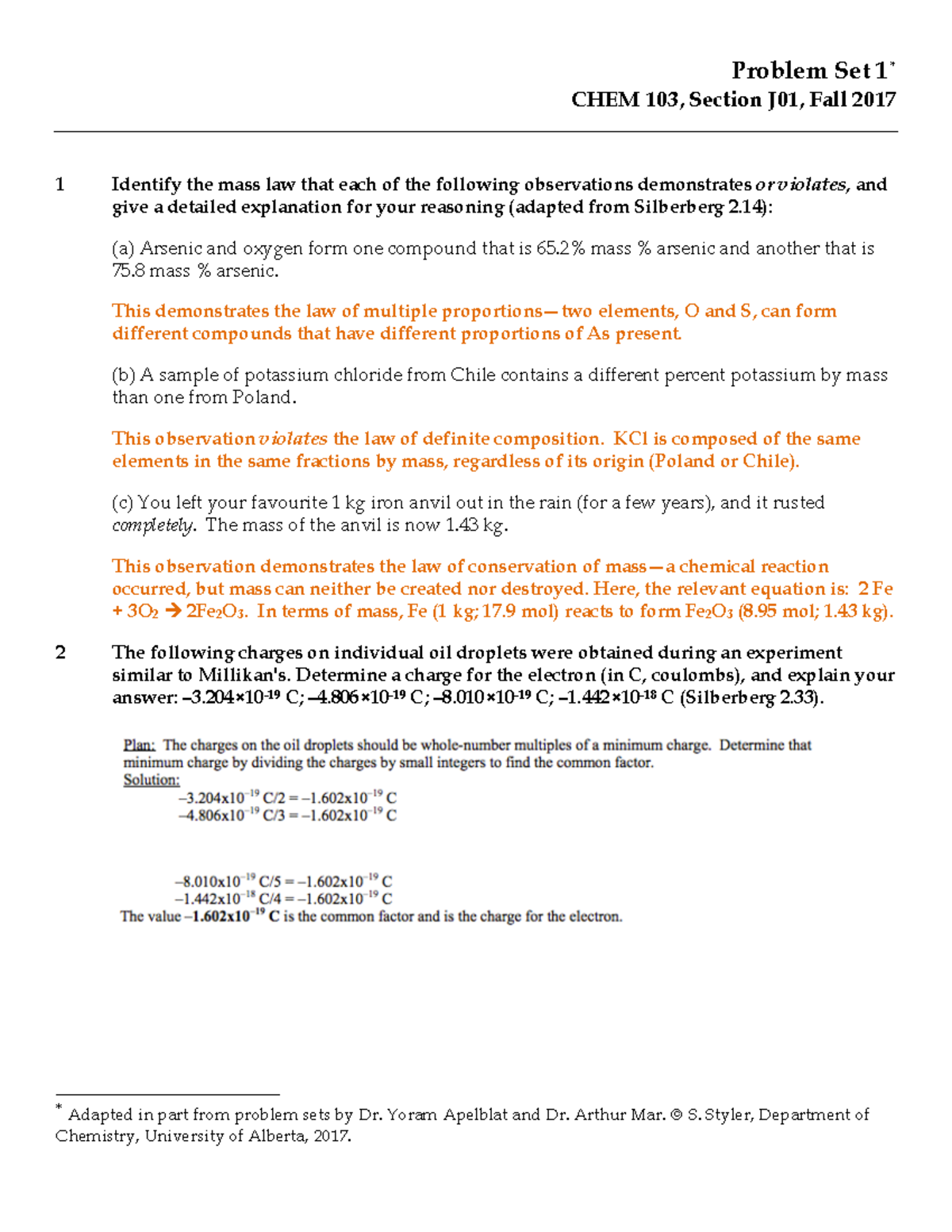 CHEM 103—Problem Set 1 Solutions - Problem Set 1* CHEM 103, Section J01 ...