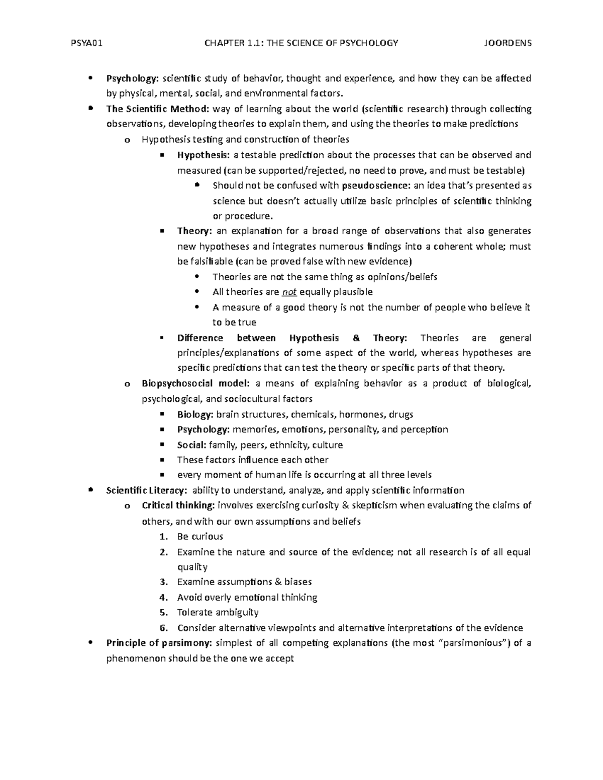 PSYA01 Chapter 1 - PSYA01 CHAPTER 1: THE SCIENCE OF PSYCHOLOGY JOORDENS ...