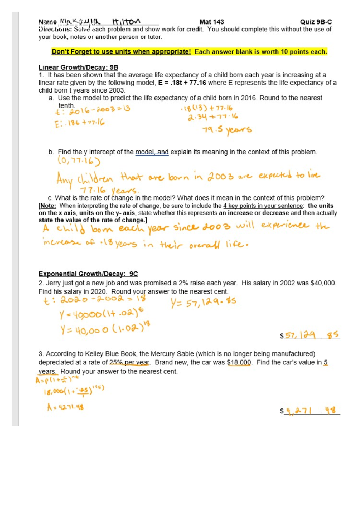 Quiz 9BC - Document has the shown work for all answers. - MAT 143 ...