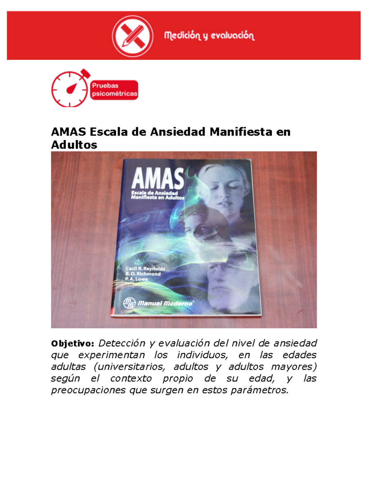 6 amas - Lectura - AMAS Escala de Ansiedad Manifiesta en Adultos ...