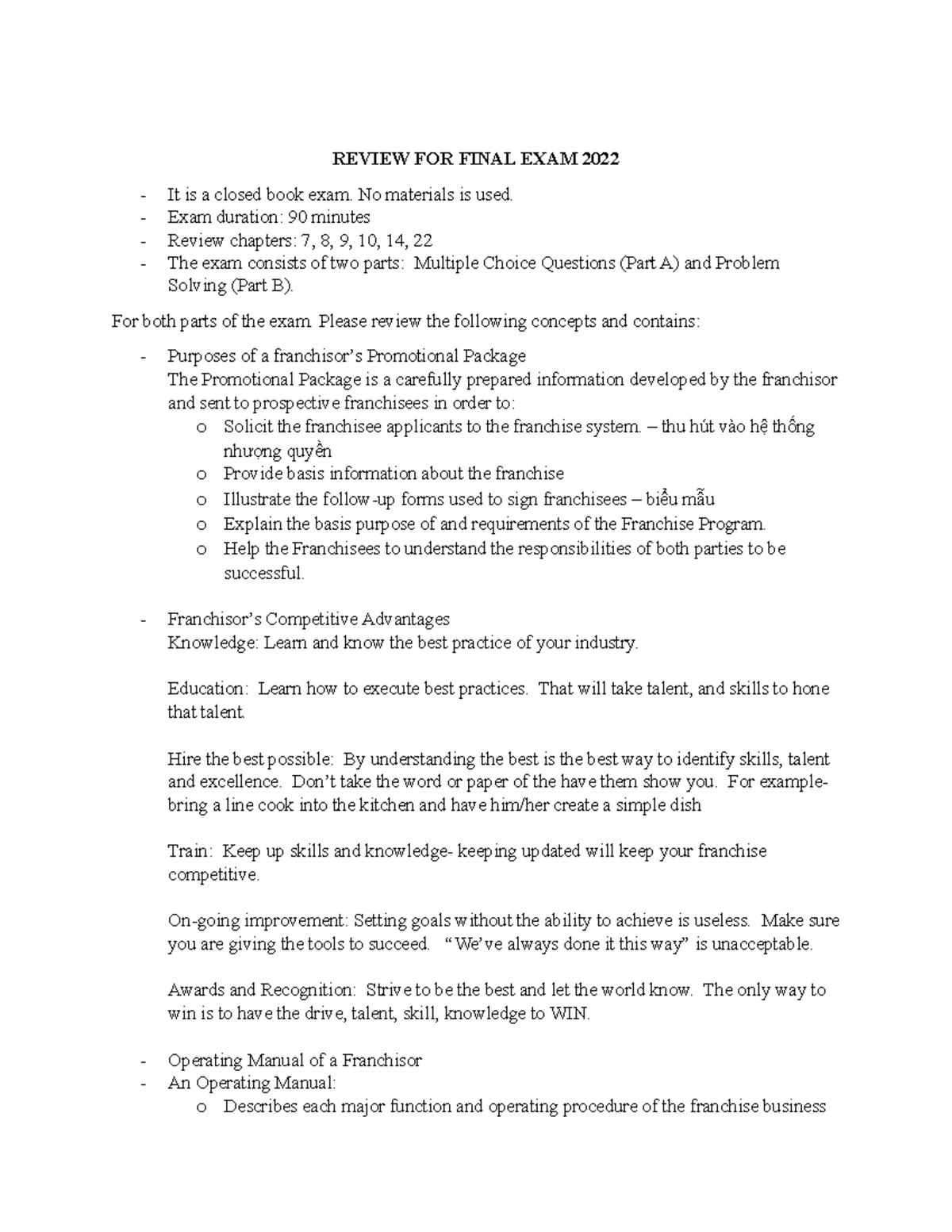 Review for Final Exam 2022 REVIEW FOR FINAL EXAM 2022 It is a closed