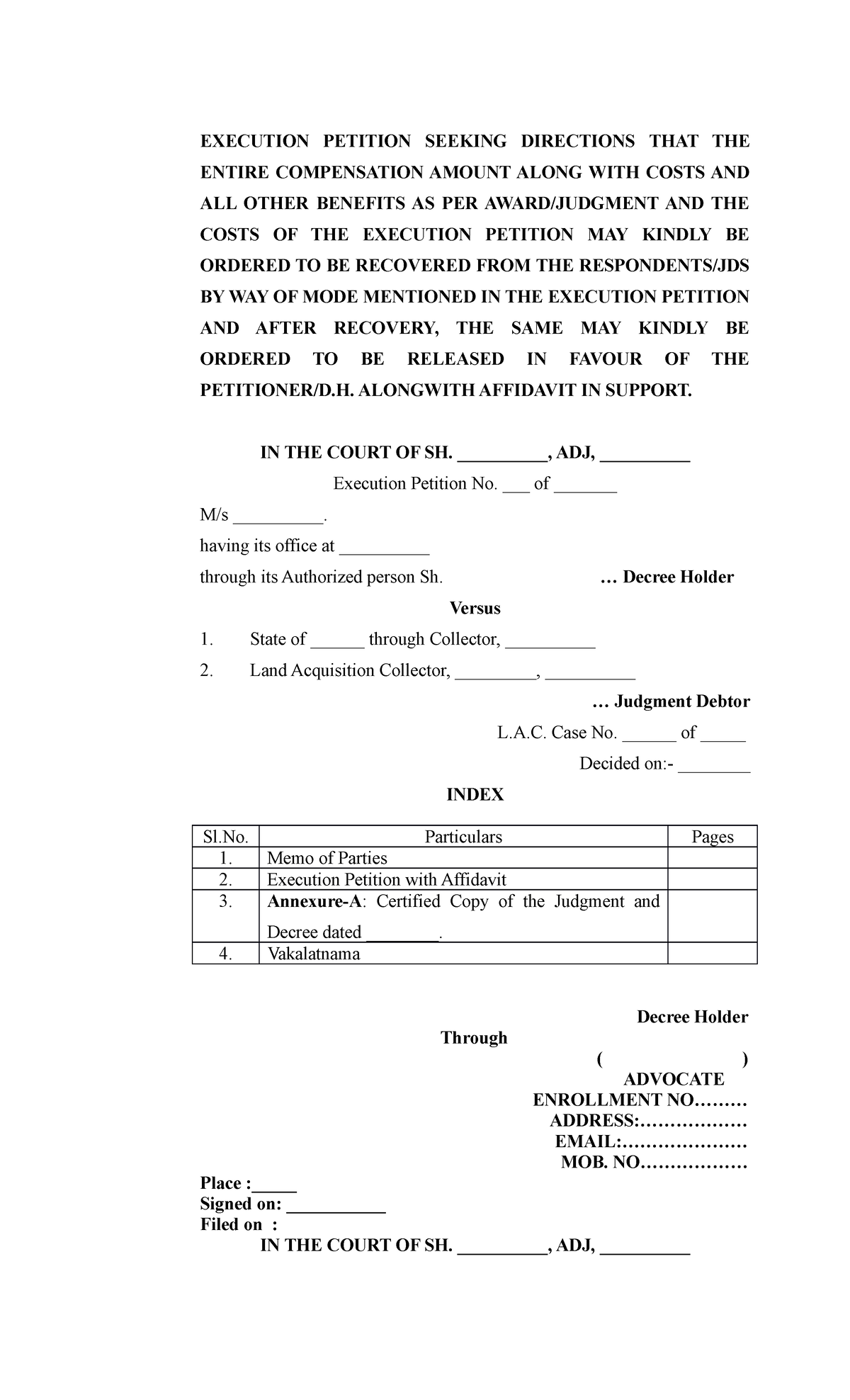 Execution Petition Seeking Directions THAT THE Entire Compensation ...