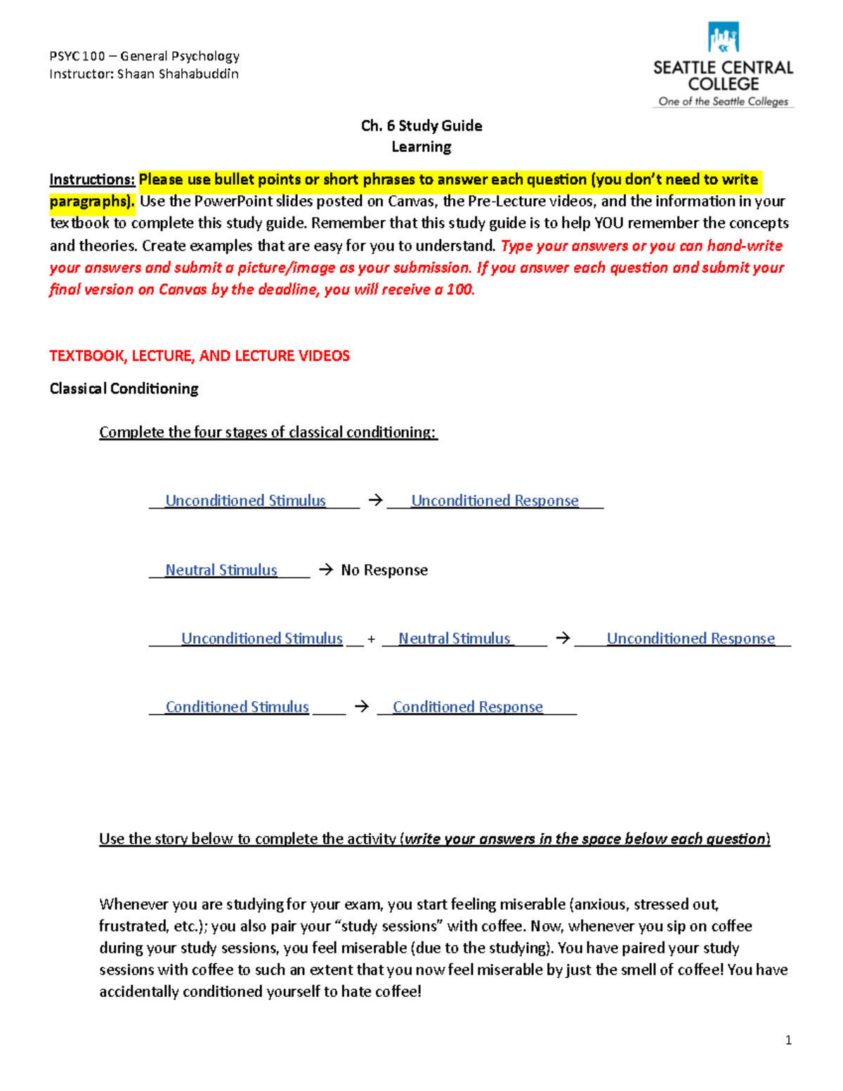 Ch. 6 (Learning) Study Guide-2 - PSYC 100 – General Psychology ...