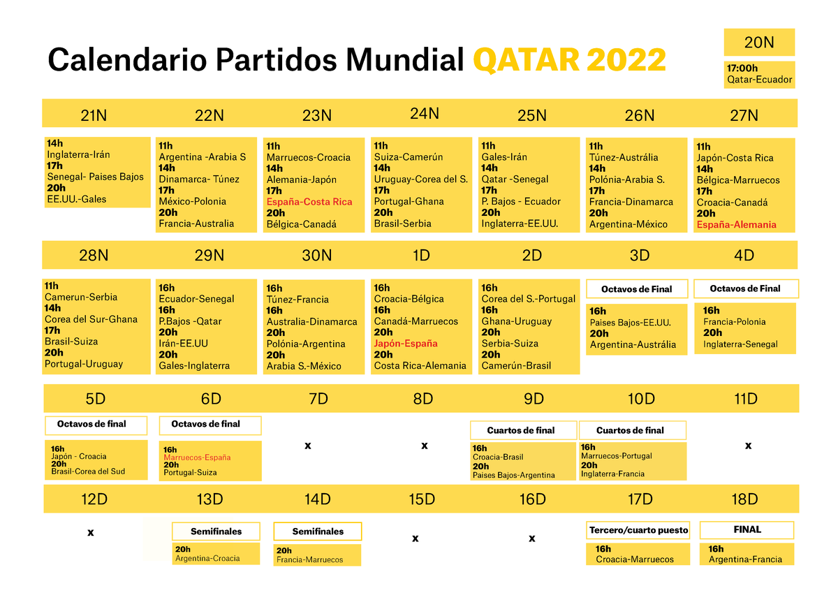 Calendario mundial qatar 2022 con todos los partidos para imprimir