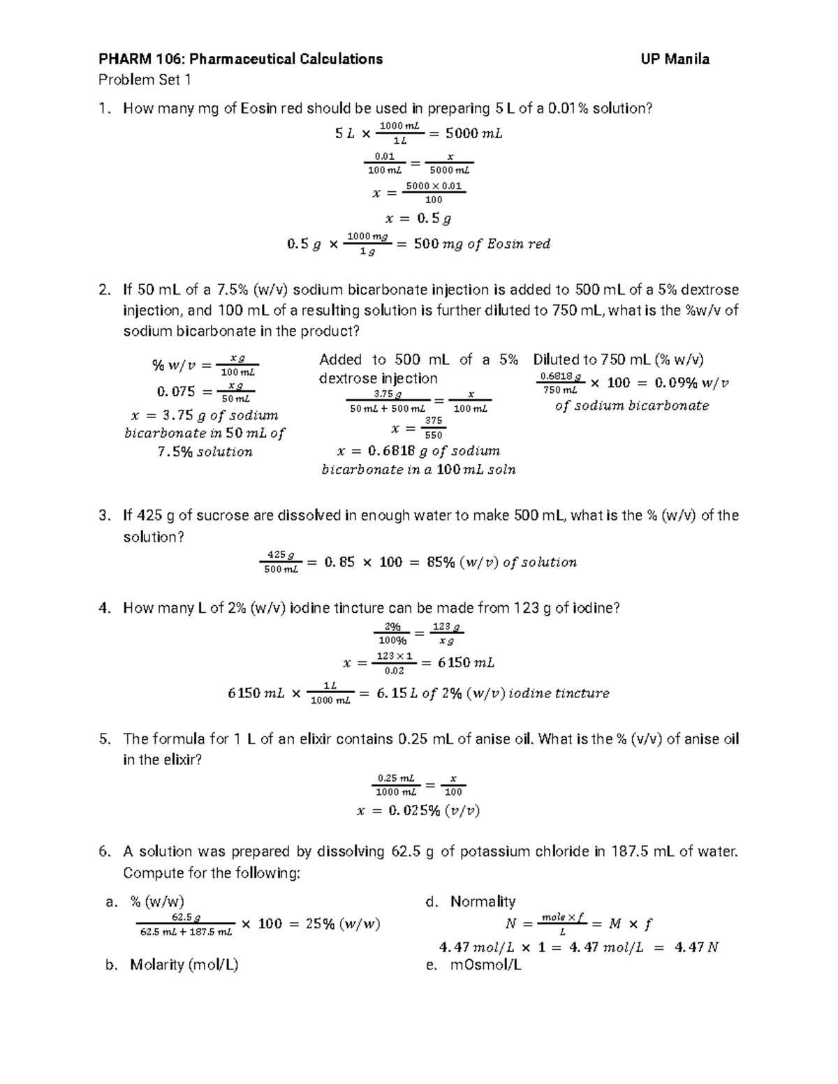 Pharm 106 Pharmaceutical Calculations Problem Set 1 - Problem Set 1 How ...