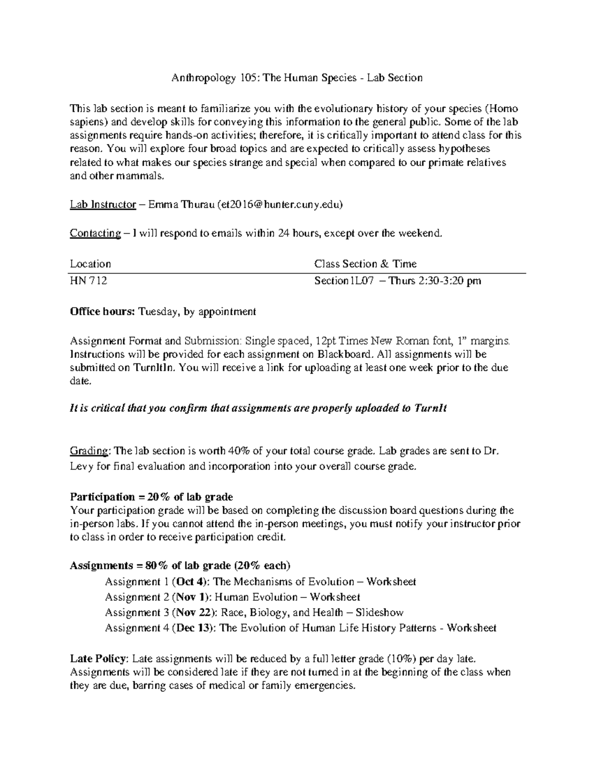 ANTHP 105 Lab Syllabus - Anthropology 105: The Human Species - Lab ...
