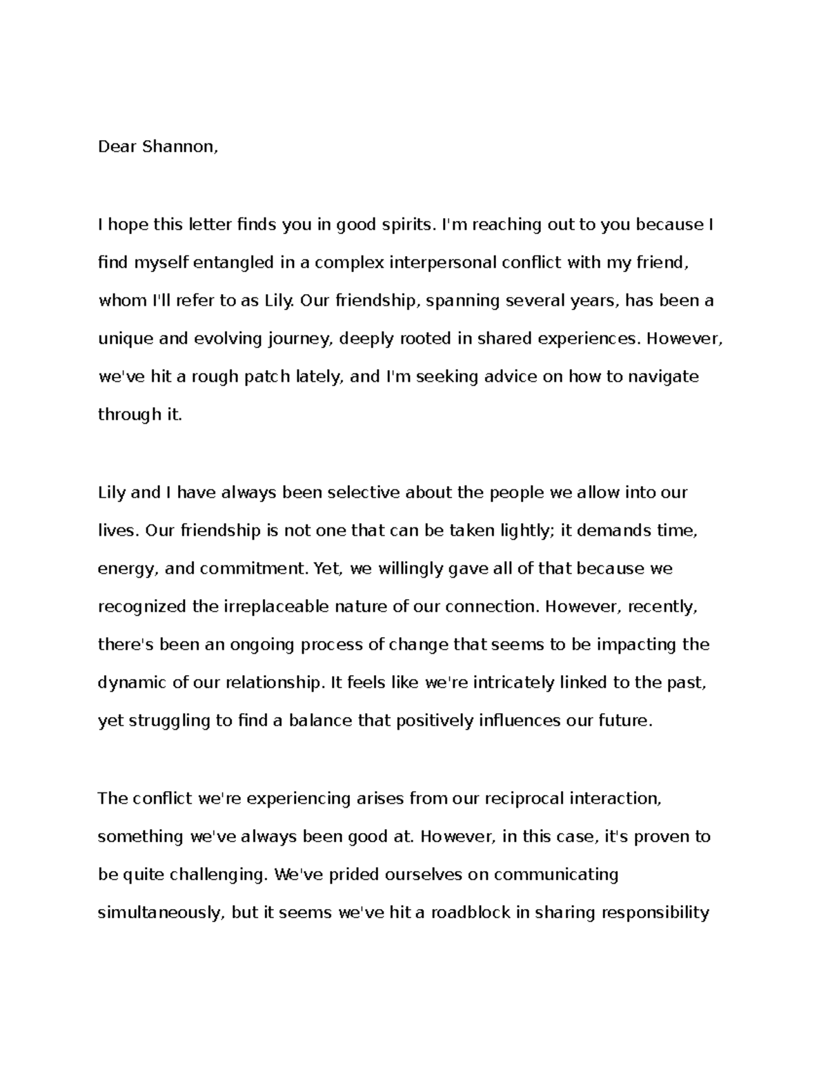 Dear Shannon v1 - Dear Shannon, I hope this letter finds you in good ...