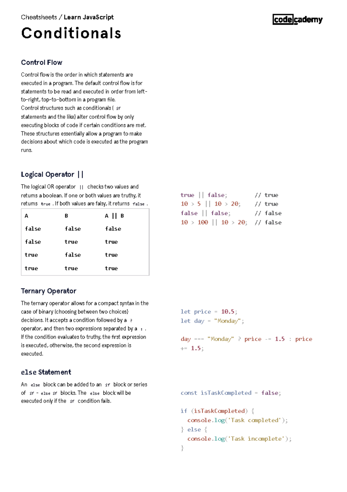 Learn Java Script Conditionals Cheatsheet Codecademy - Control Ow Is ...