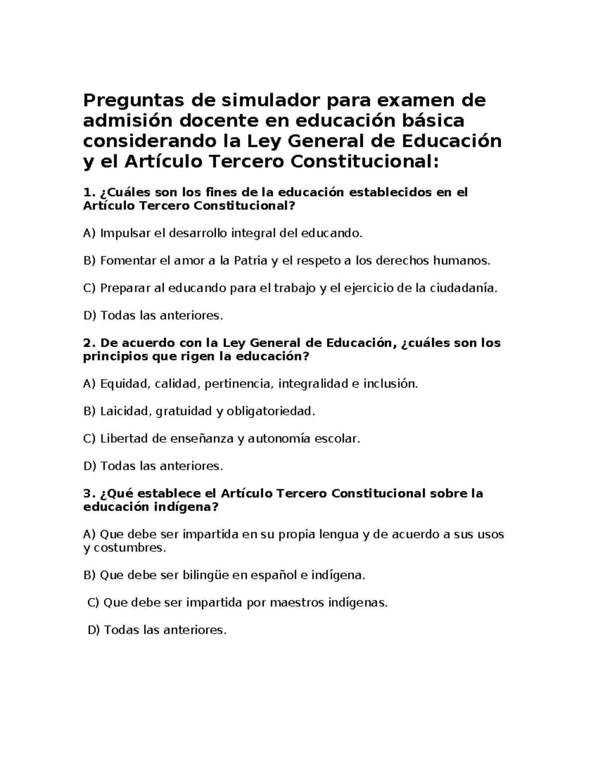 Preguntas de simulador para examen de admisión docente en educación