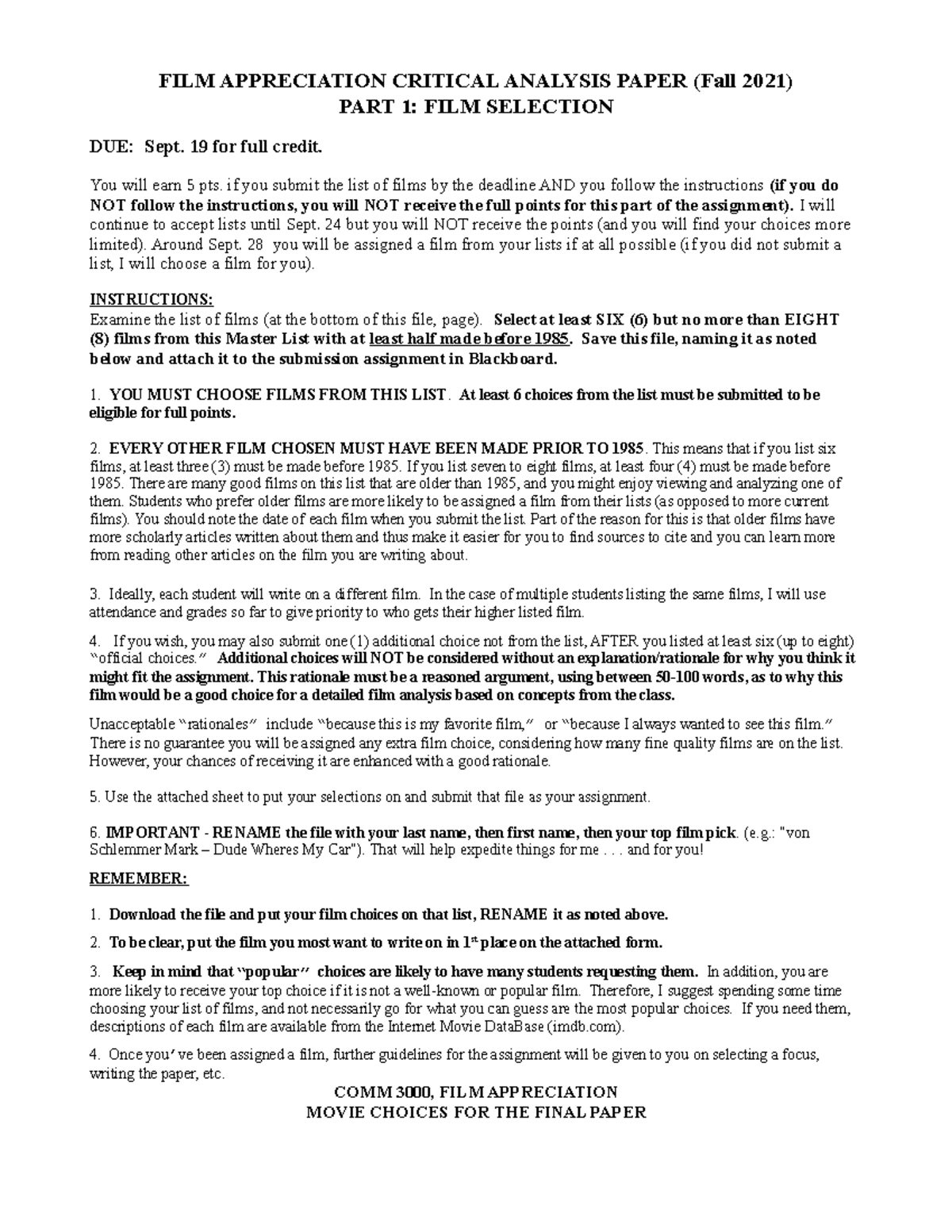 Final Paper Part 1 Choose a Film Master Film List FILM