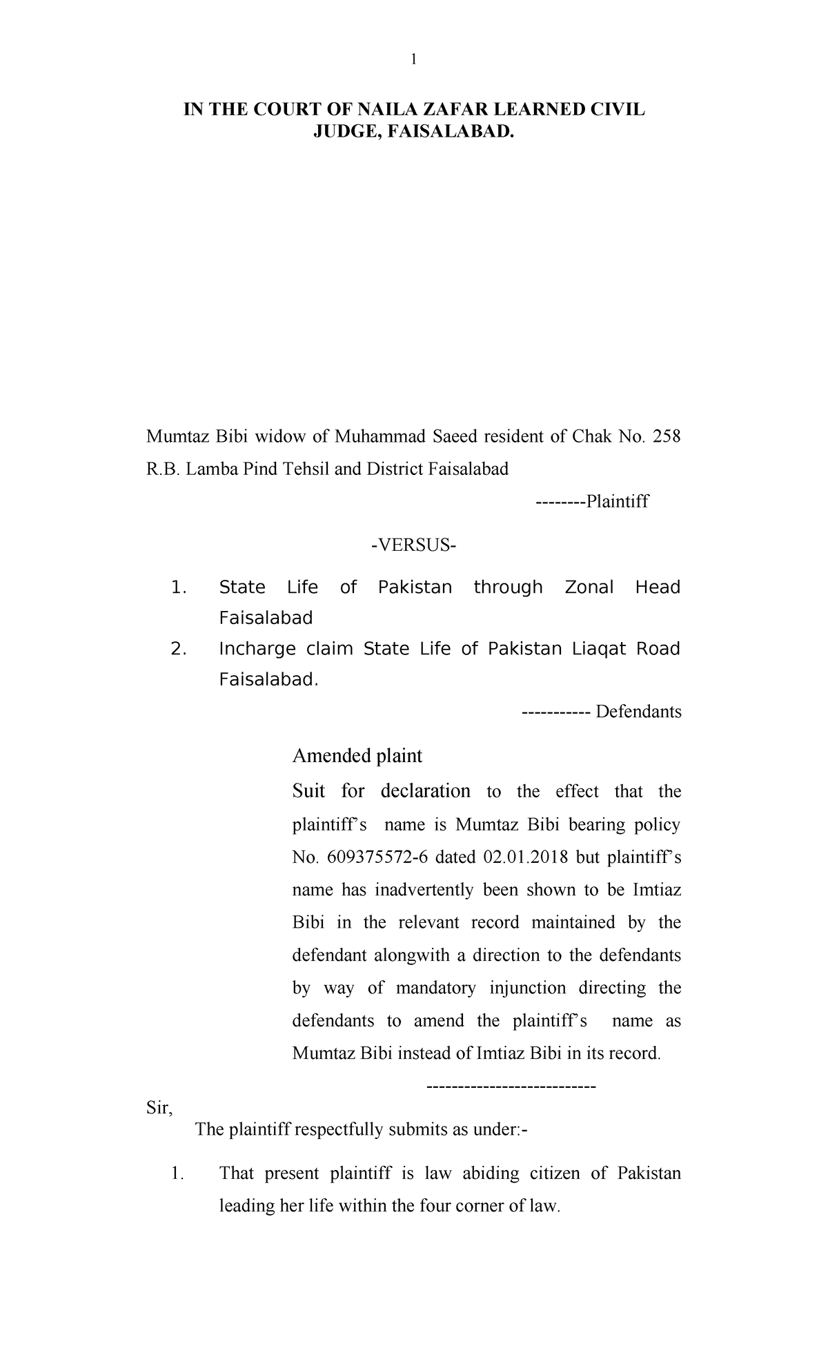 Mumtaz Bibi state life suit formate - IN THE COURT OF NAILA ZAFAR ...