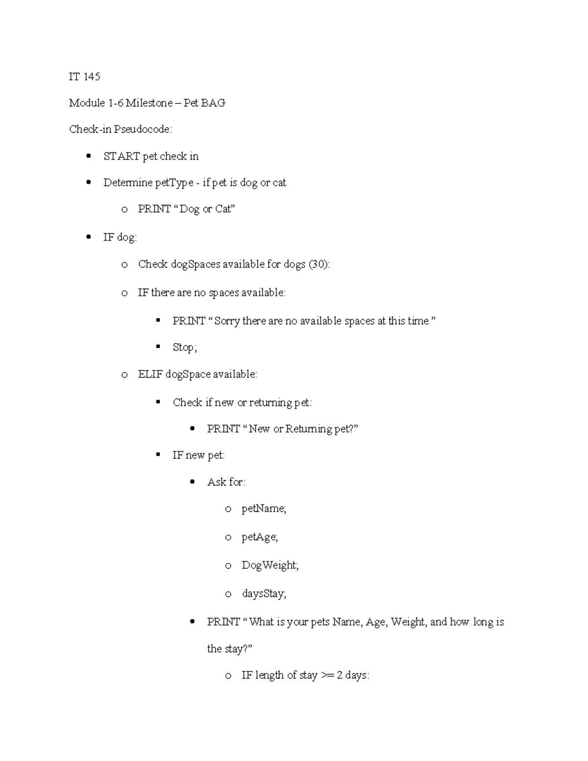 IT145. 16 milestone IT 145 Module 16 Milestone Pet BAG Checkin