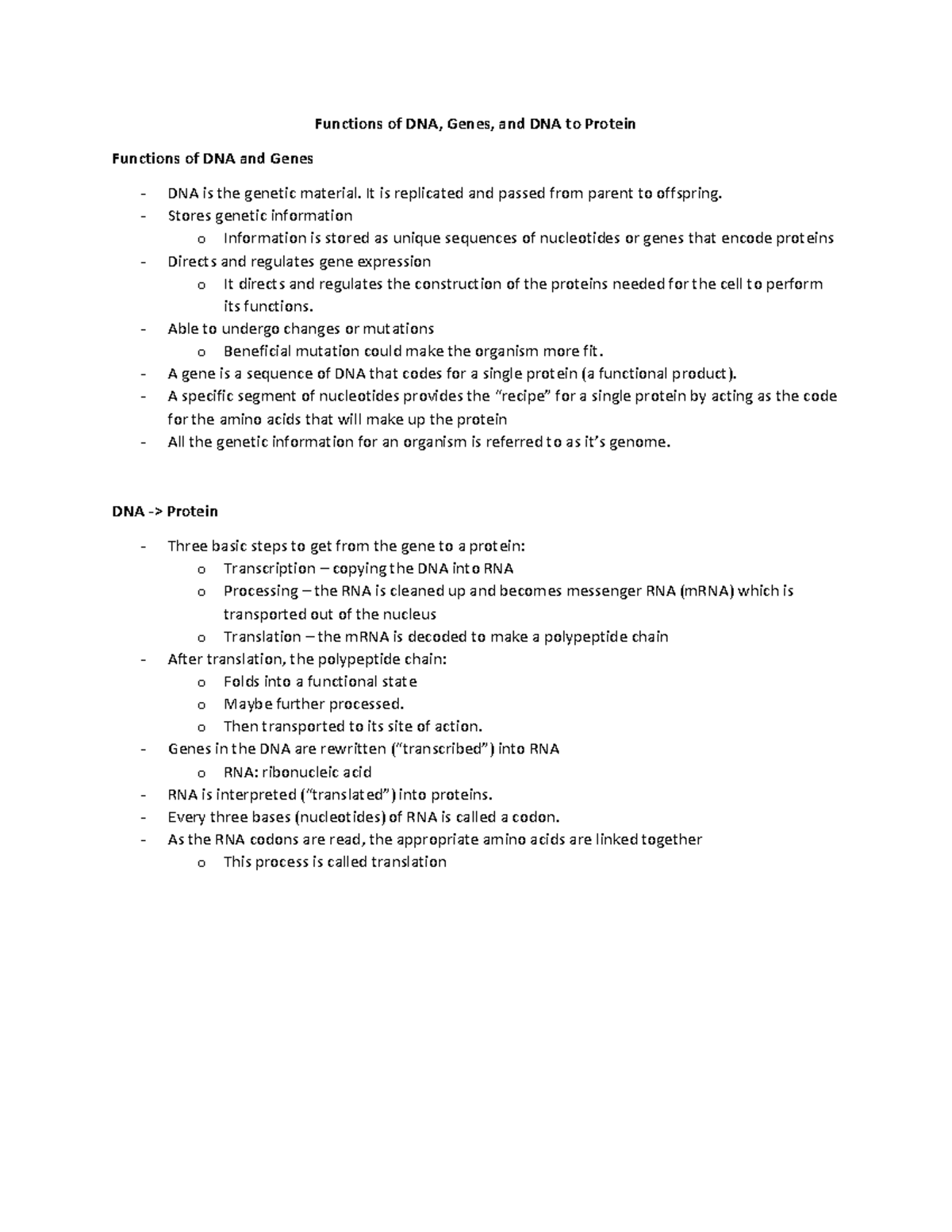 Functions of DNA, Genes, and DNA to Protein - Functions of DNA, Genes ...
