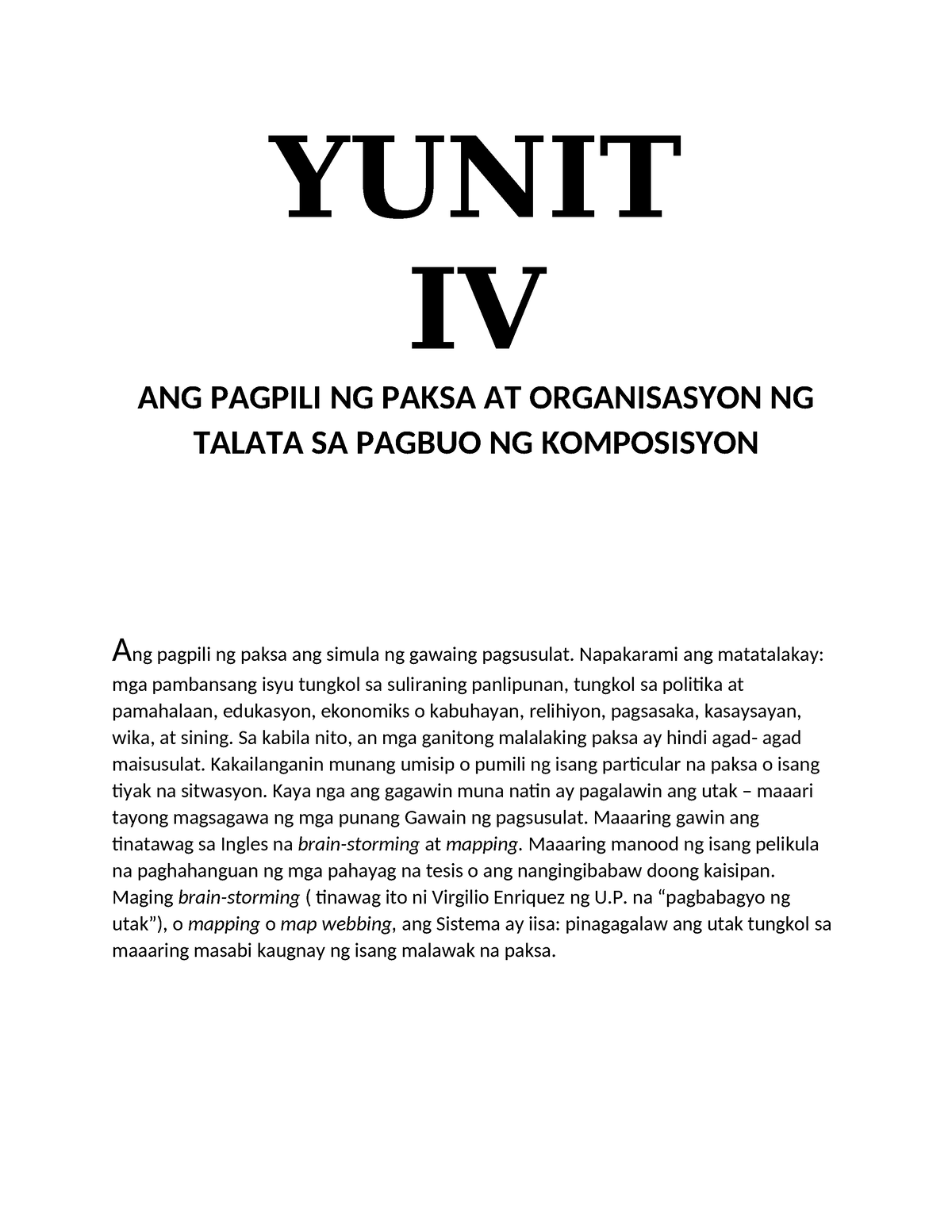 Yunit-IV - Summary Panitikan Ng Pilipinas - YUNIT IV ANG PAGPILI NG ...