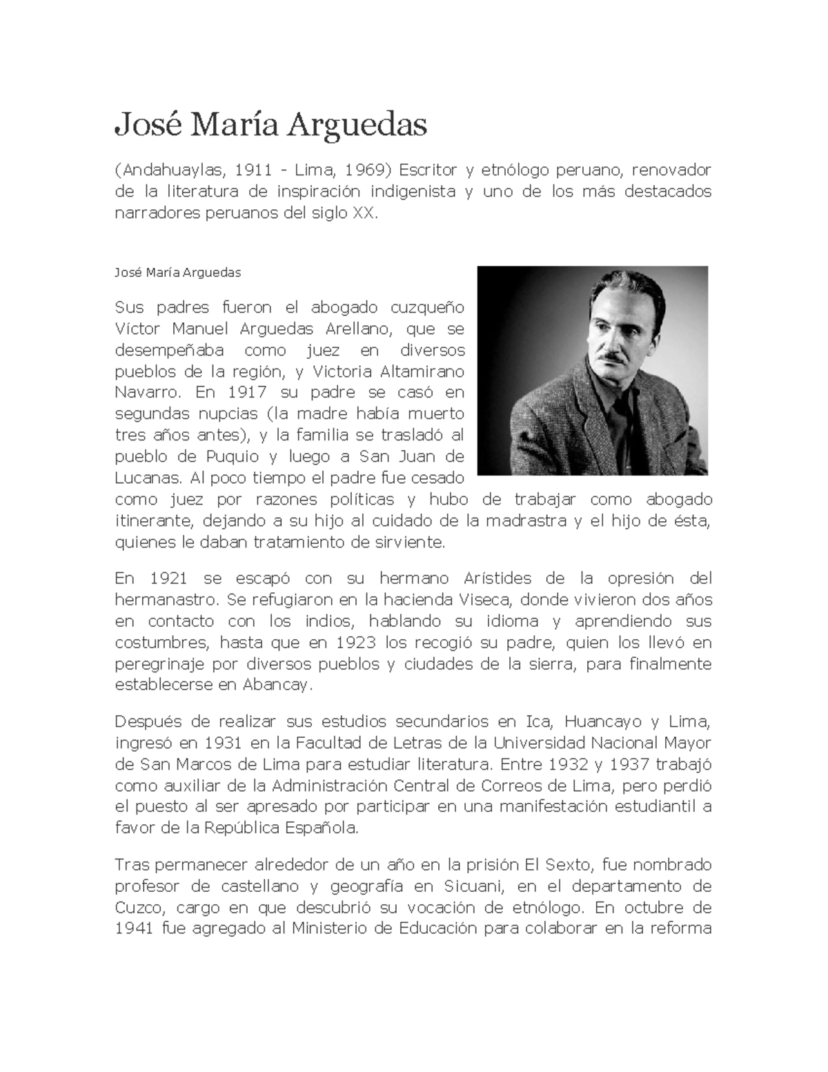 Biografia De Jose Maria Arguedas José María Arguedas Andahuaylas 1911 Lima 1969 Escritor