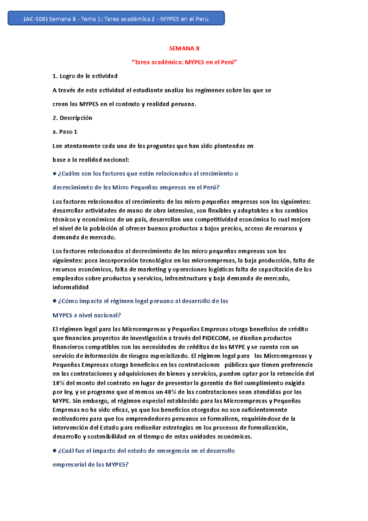 (AC-S08) Semana 8 - Tema 1Tarea Académica 2 - Mypes En El Perú( Derecho ...