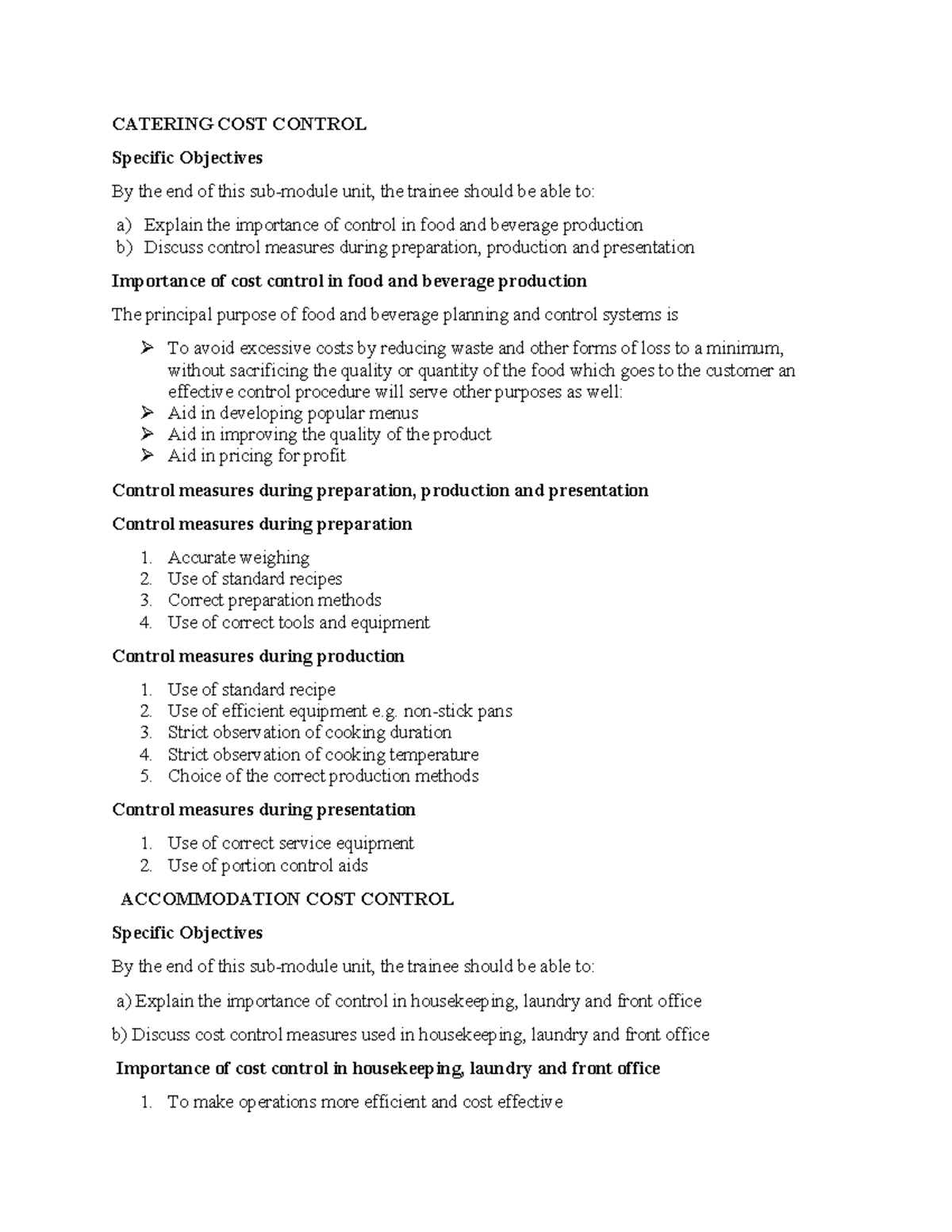 Catering COST Control - Study notes to aid in your school work. Simple ...