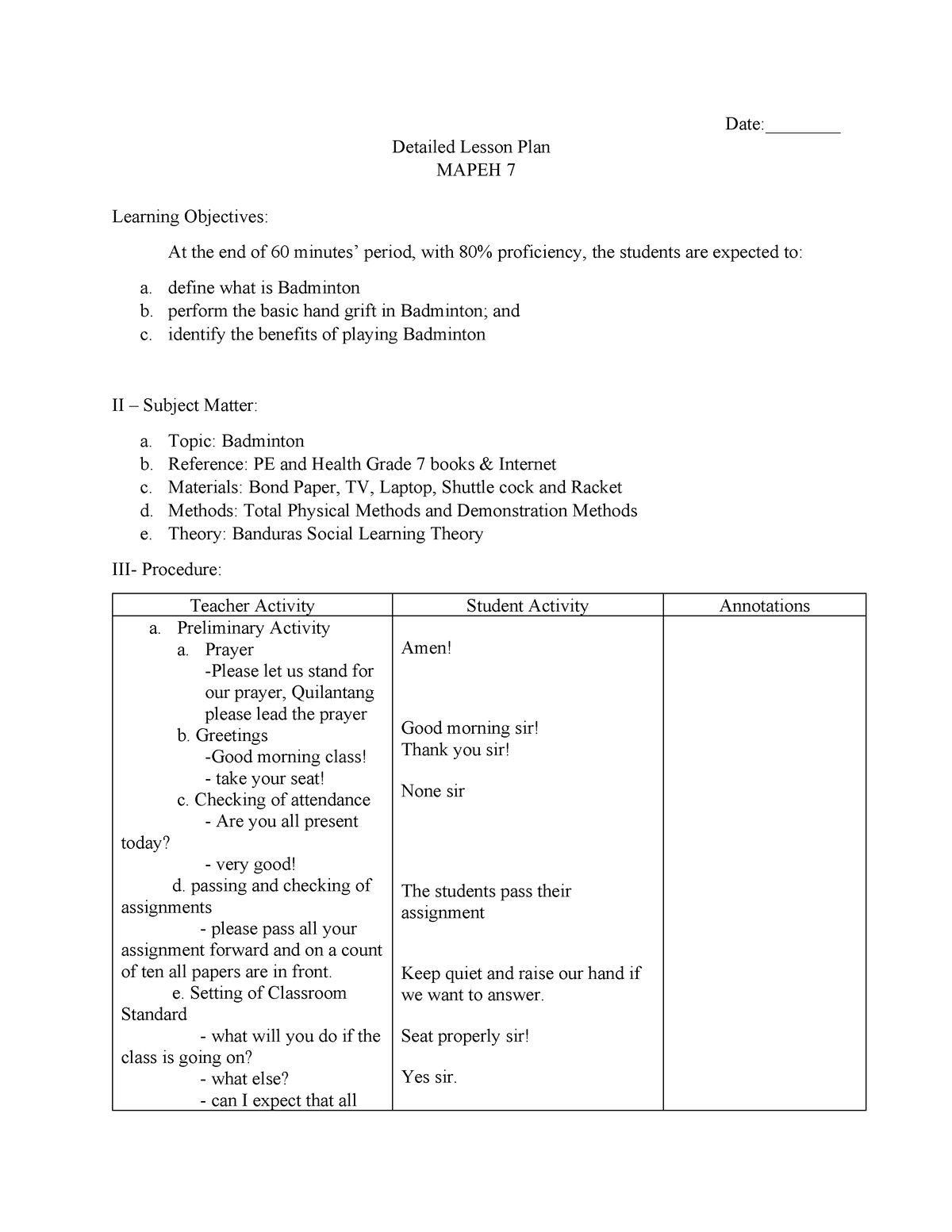 Lesson Plan For 2024 Date Detailed Lesson Plan Mapeh 7 Learning Objectives At The 4444