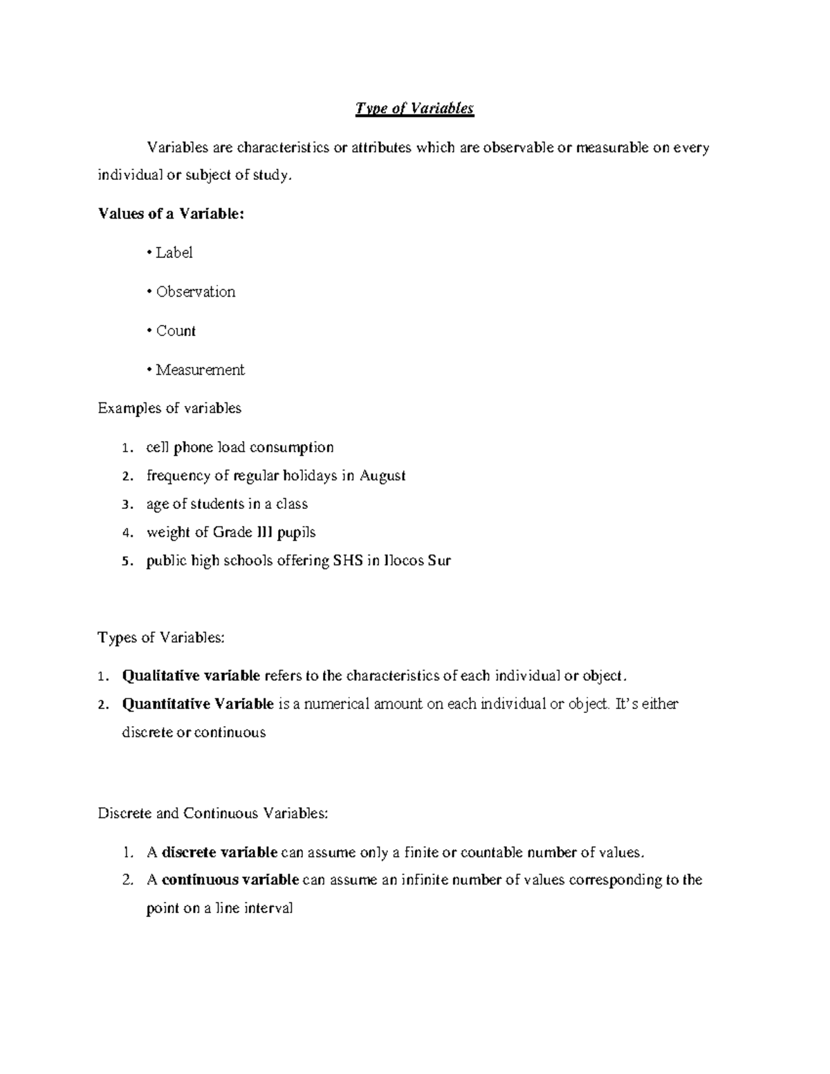 Type of Variables - Type of Variables Variables are characteristics or ...