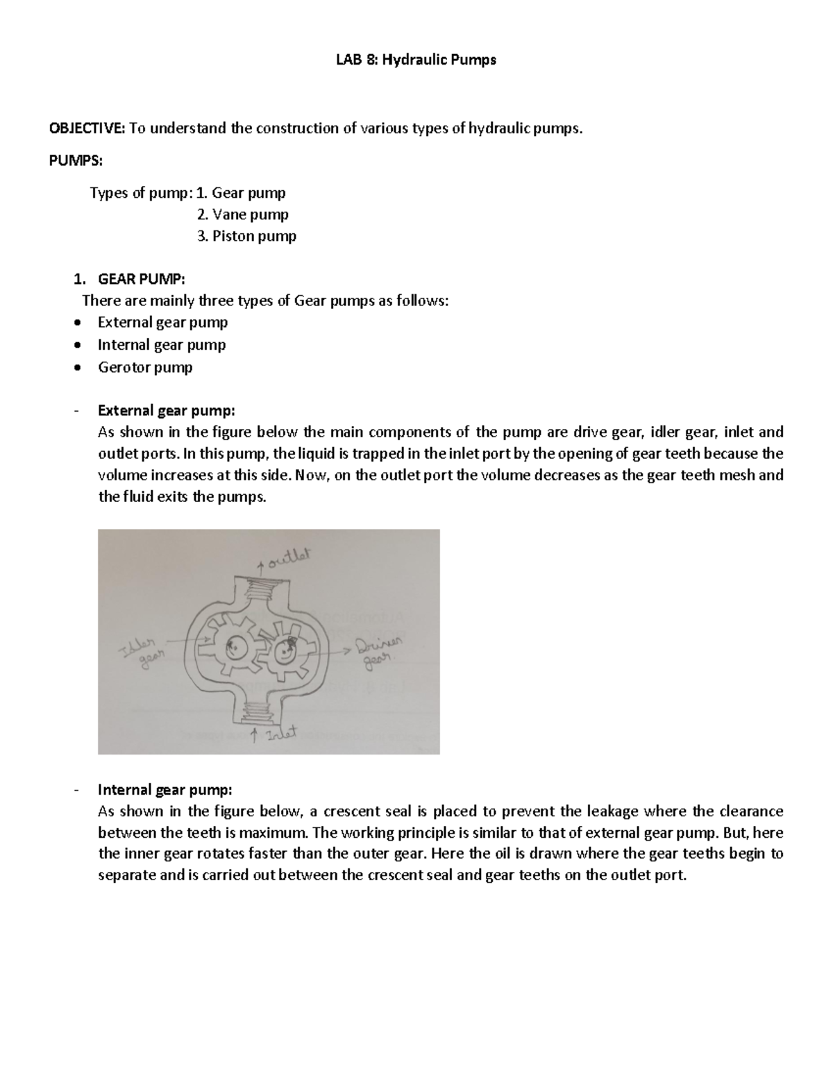 Hydraulic Pumps - LAB 8: Hydraulic Pumps OBJECTIVE: To understand the ...