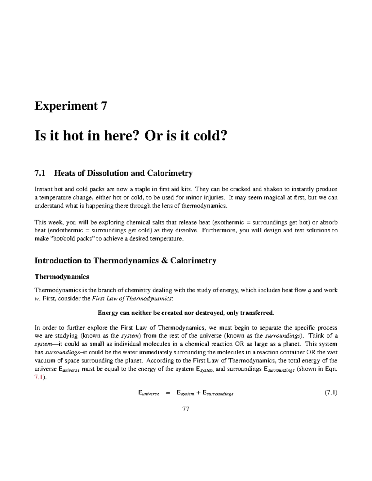 CHEM1215 Exp7 Fa23 - lab - Experiment 7 Is it hot in here? Or is it ...