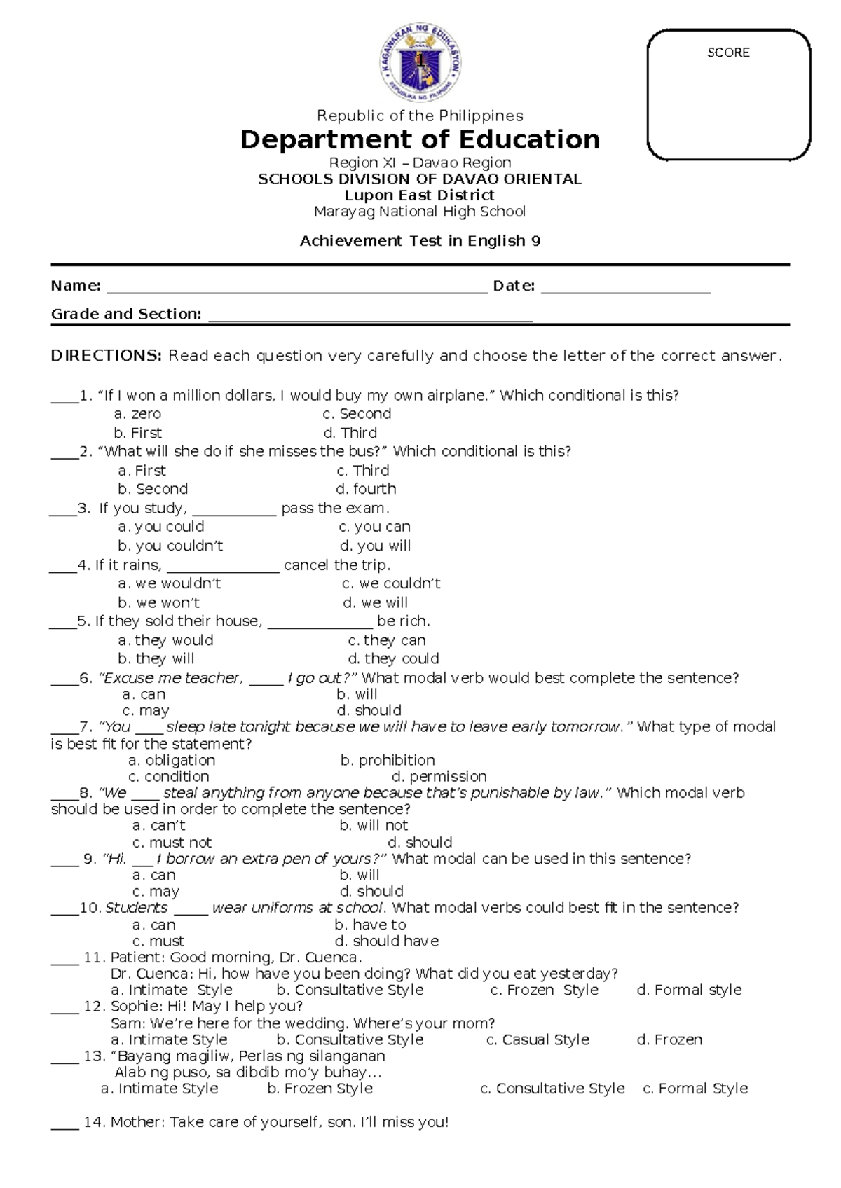 Achievement Test English 9 - 1 Republic of the Philippines Department