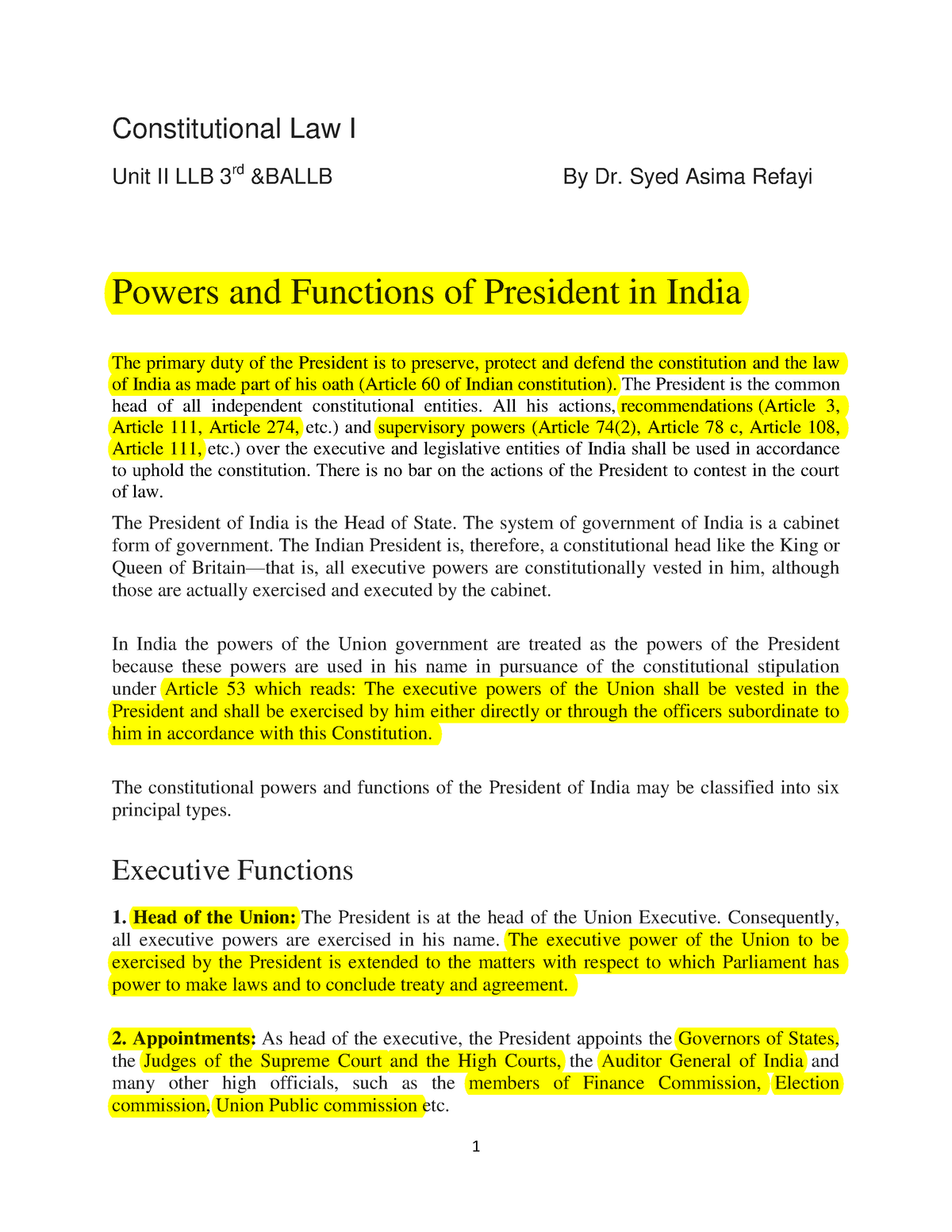 powers-and-functions-of-president-in-india-constitutional-law-i-unit