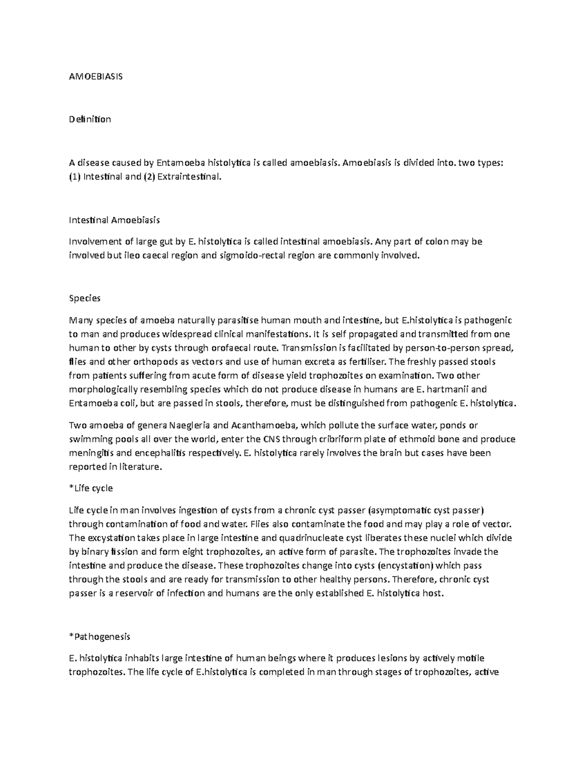 Amoebiasis - Lecture Notes 1 And 2 - AMOEBIASIS Definition A Disease ...