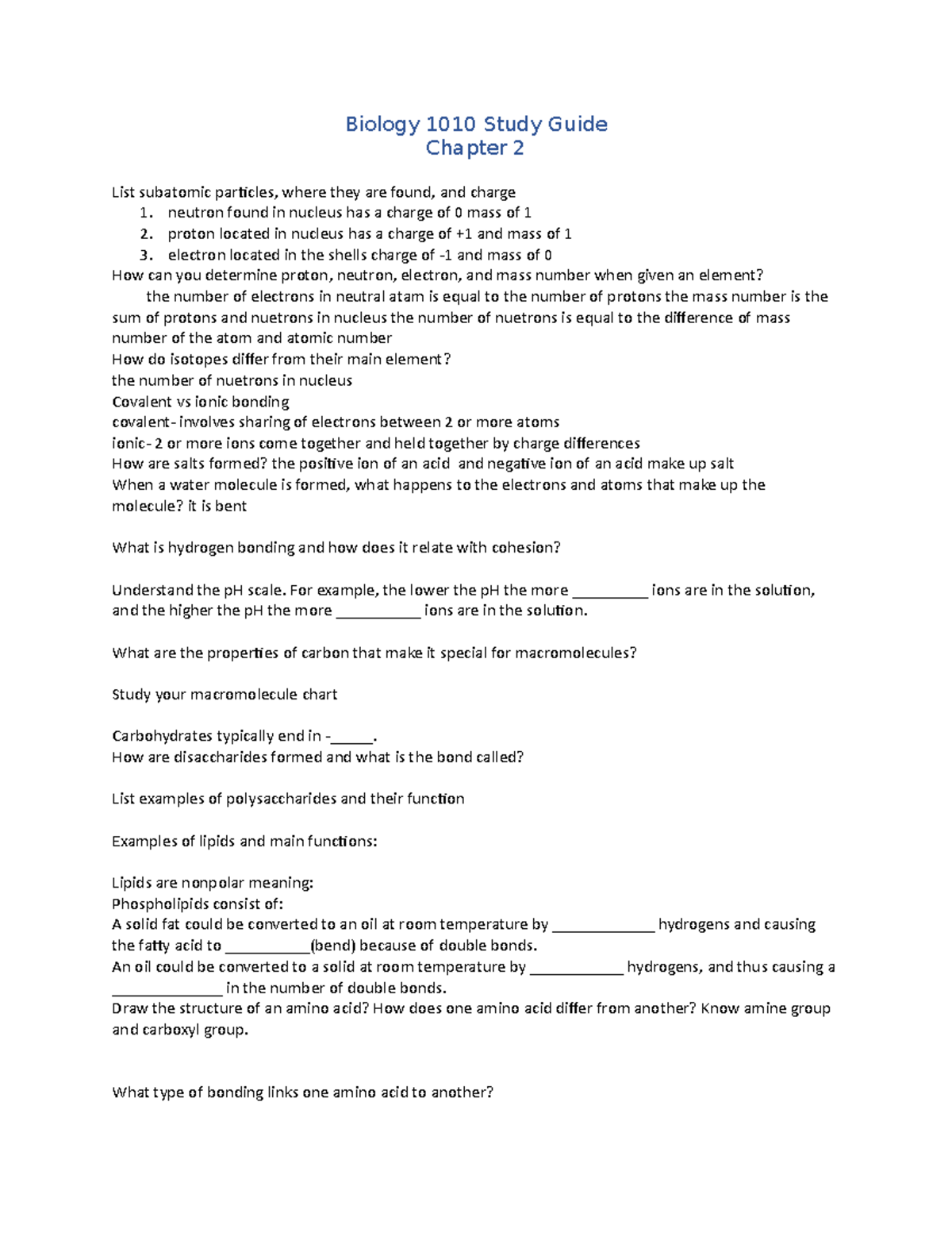 Chapter 2 SG study guide and answers Biology 1010 Study Guide