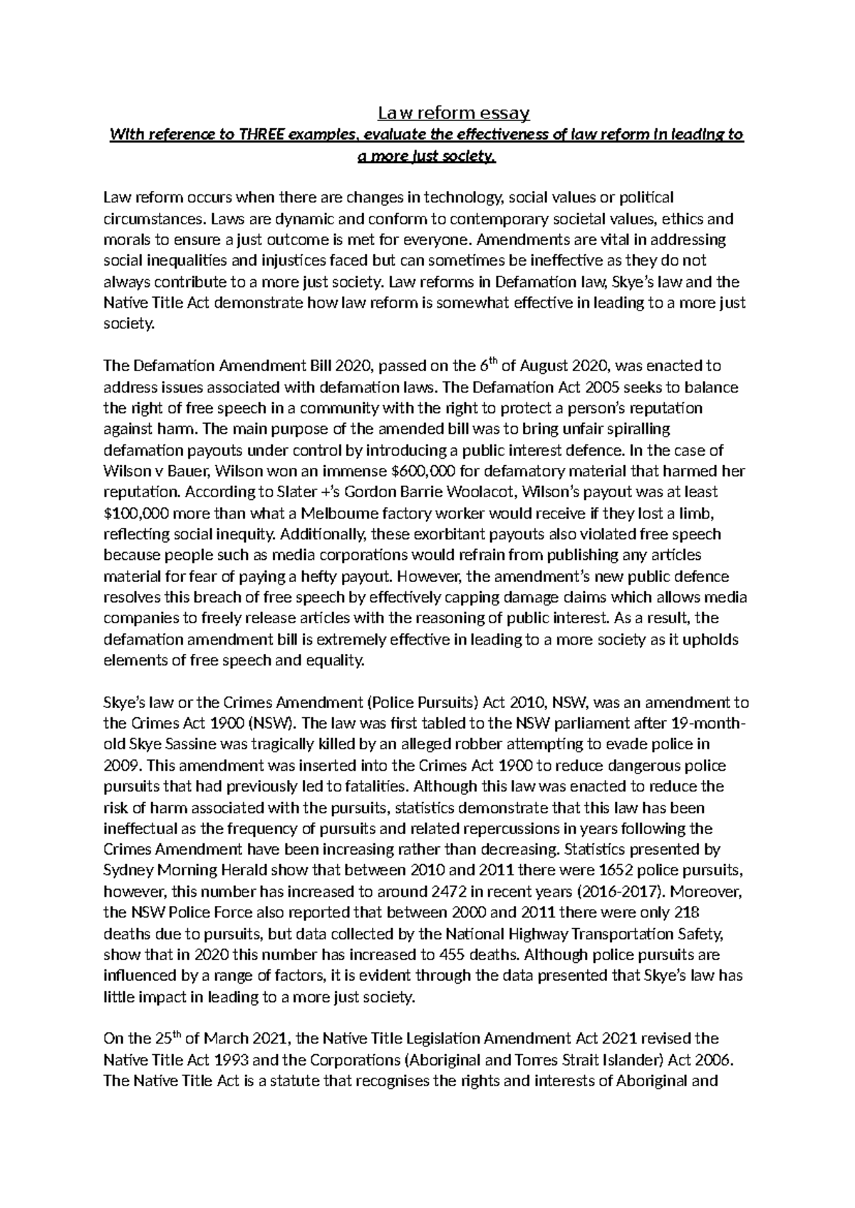 Law-reform-essay - good - Law reform essay With reference to THREE ...