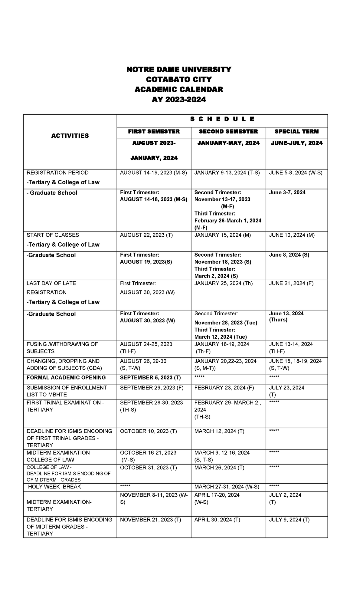 Academic Calendar 2023 2024 Final NOTRE DAME UNIVERSITY COTABATO CITY