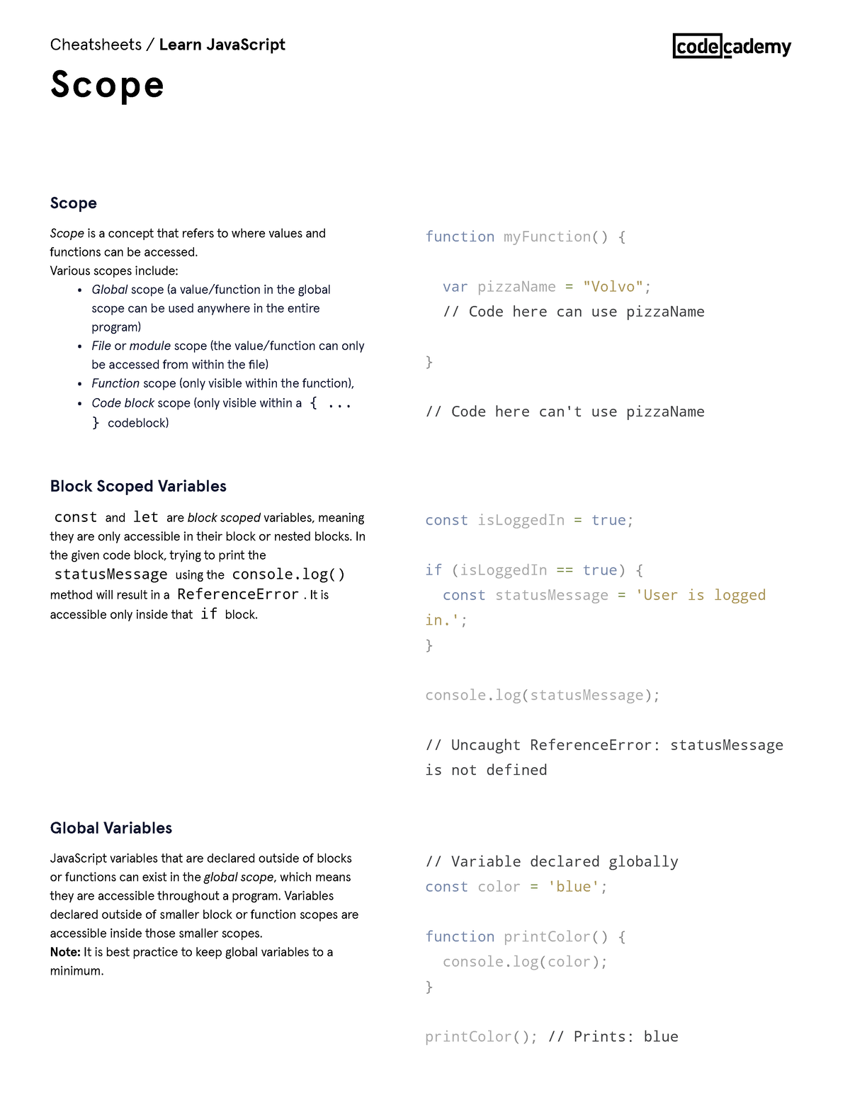 Learn Java Script Scope Cheatsheet Codecademy - Scope Is A Concept That ...