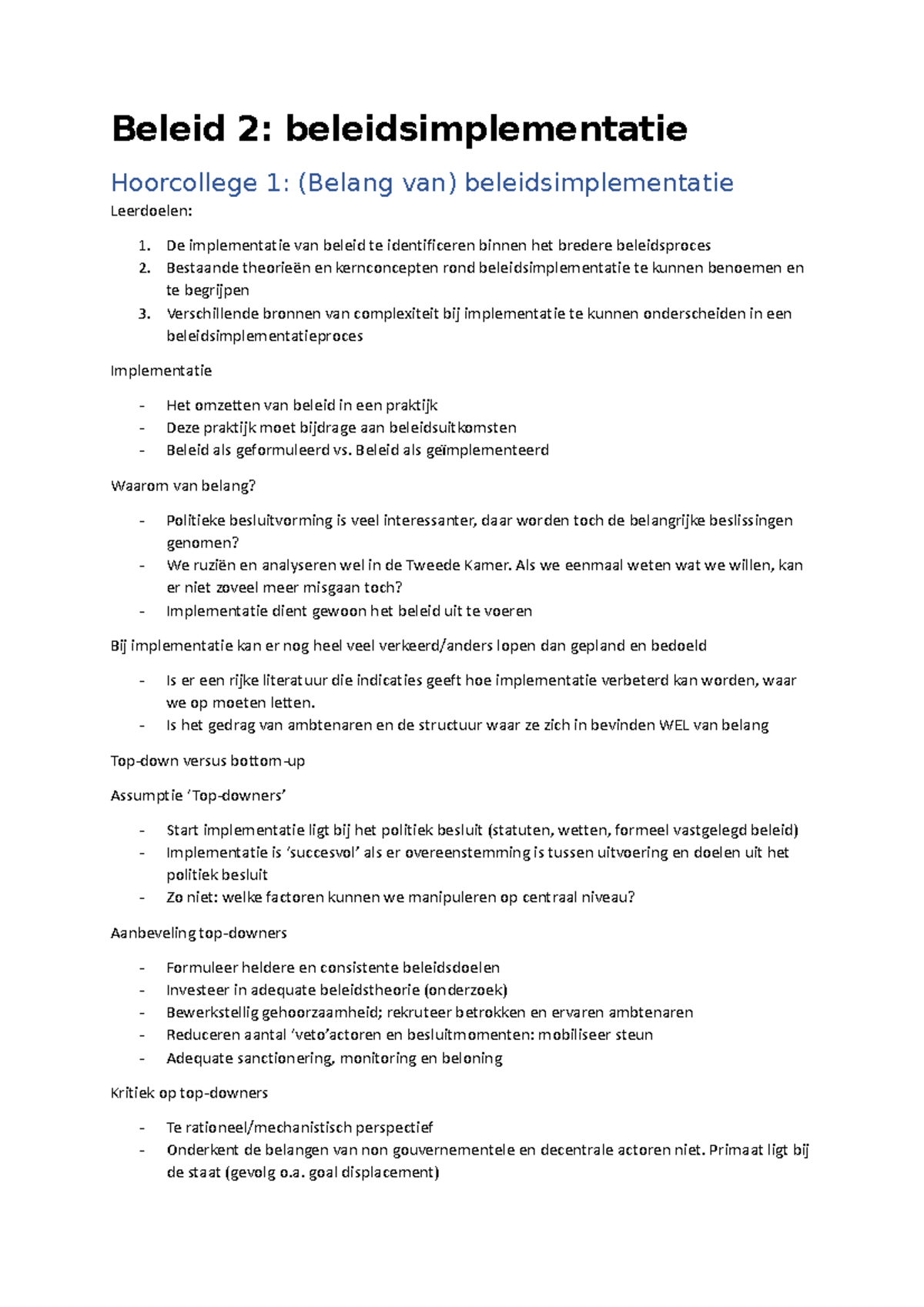 Beleid 2 hoorcollege aantekeningen - Beleid 2: beleidsimplementatie ...