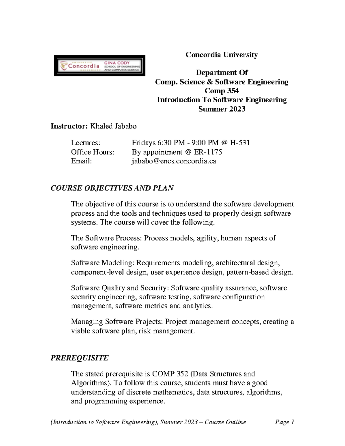 Introduction to Software Engineering Course Outline - Studocu