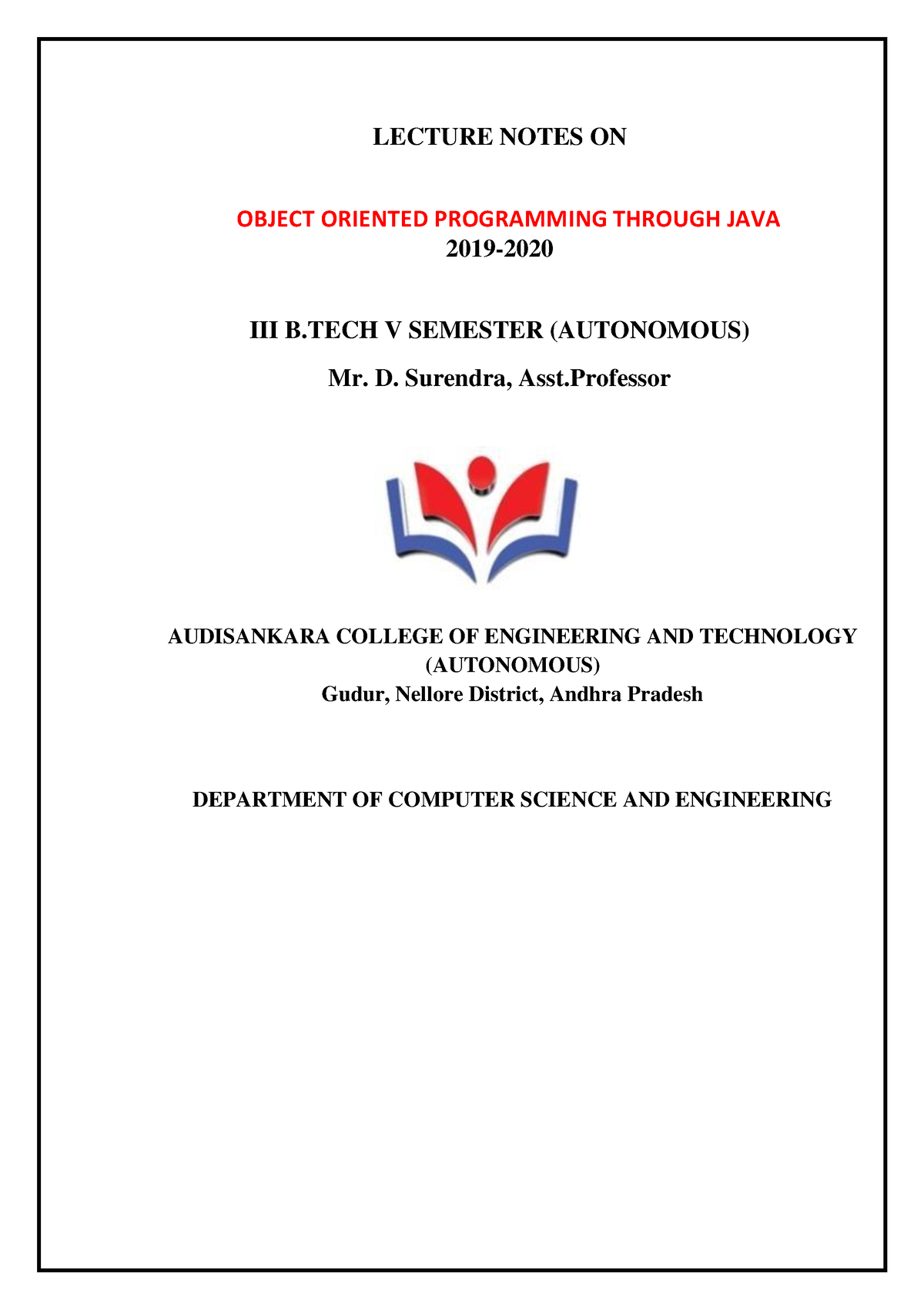 Lecture Notes - ####### LECTURE NOTES ON ####### OBJECT ORIENTED ...